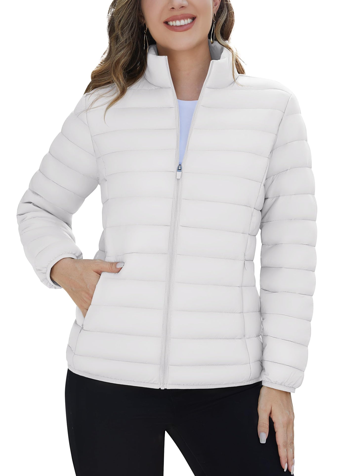 TACVASEN Puffer Jacket Women Quilted Lightweight Jackets Stand Collar Full-Zip Down Alternative Winter Coats with 4 Pockets White, XL