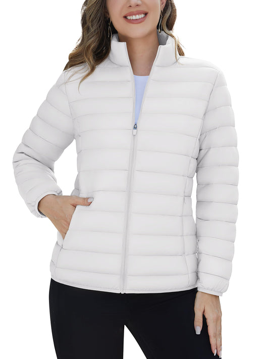 TACVASEN Puffer Jacket Women Quilted Lightweight Jackets Stand Collar Full-Zip Down Alternative Winter Coats with 4 Pockets White, XL
