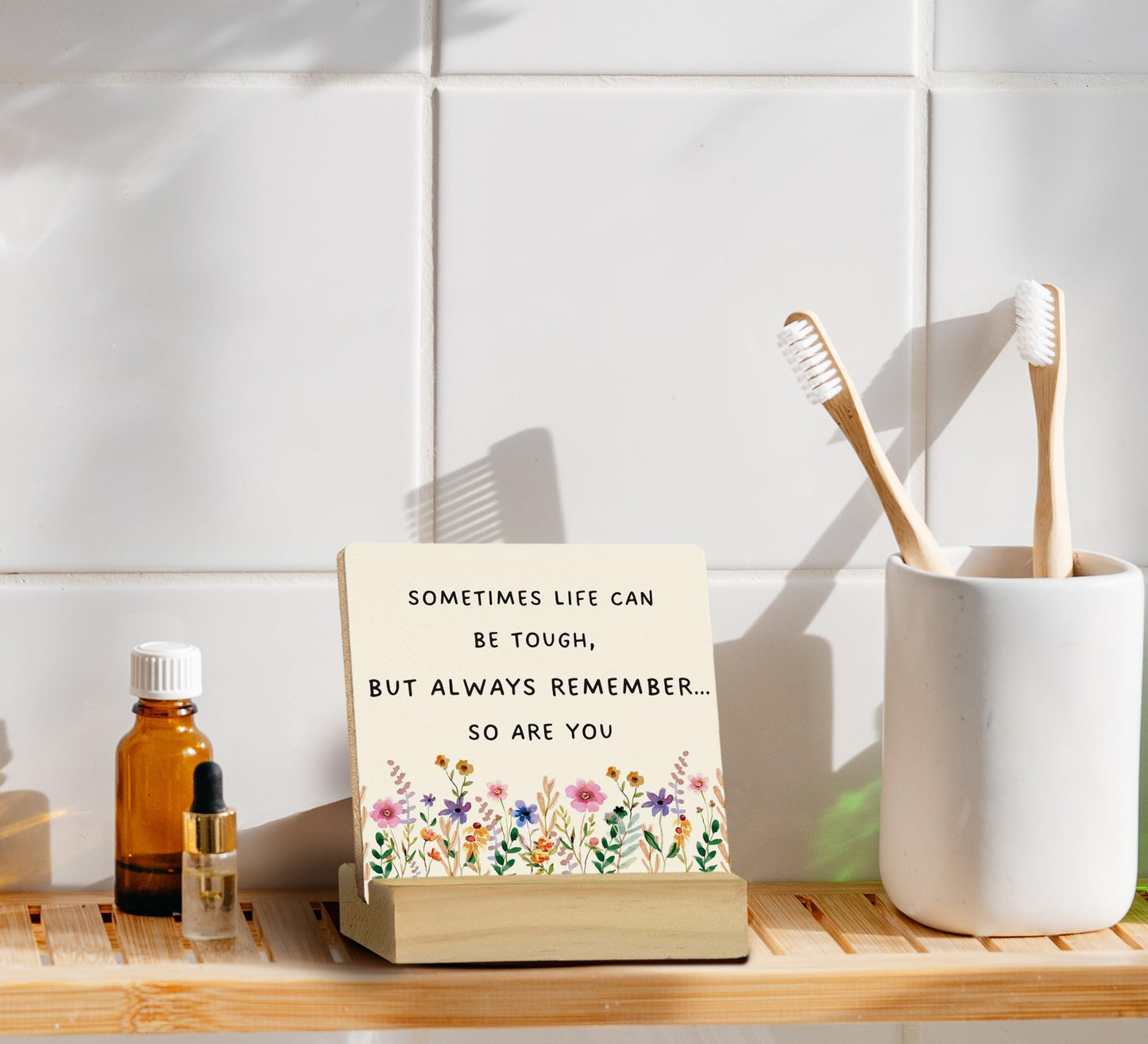 QASHWEY Motivational Desk Decor, Inspirational Desk Decor Floral Wood Table Signs, Inspirational Gifts for Women Friends, Sometimes Life Can be Tough Wooden Plaque with Wooden Stand for Home Office