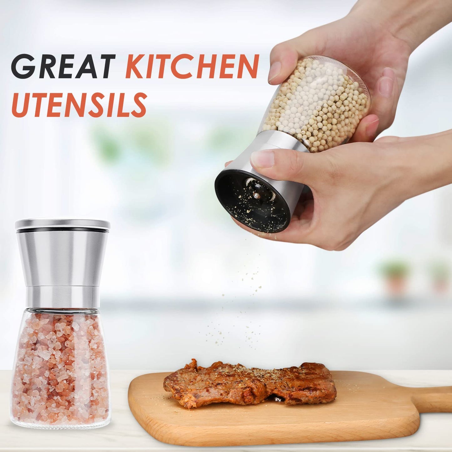 Ebaco Salt and Pepper Grinder Set - Refillable Grinder Adjustable Coarseness of Pepper Salt Spice Stainless Steel Mills Glass 6oz（2 Pack）