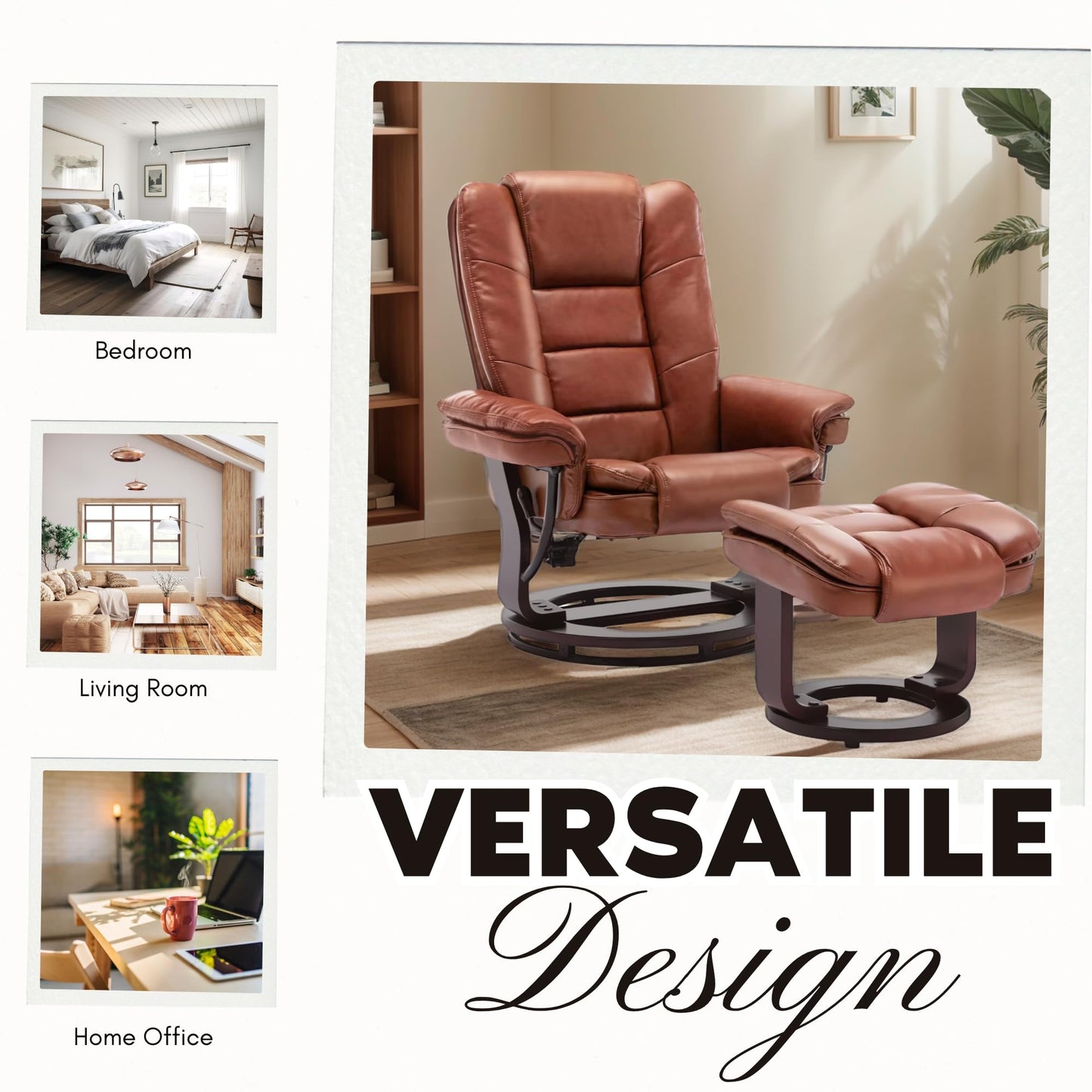 JC Home Argus Swivel Recliner with Ottoman, PU Leather & Wood Base Reclining Chair with Footrest, Ultra-Plush Double Foam for Living Room, Bedroom and Office