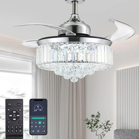 Moooni Dimmable Fandelier Crystal Ceiling Fans with Lights and Remote Modern Invisible Retractable Chandelier Fan LED Ceiling Fan Light Kit -Polished Chrome 36 Inches