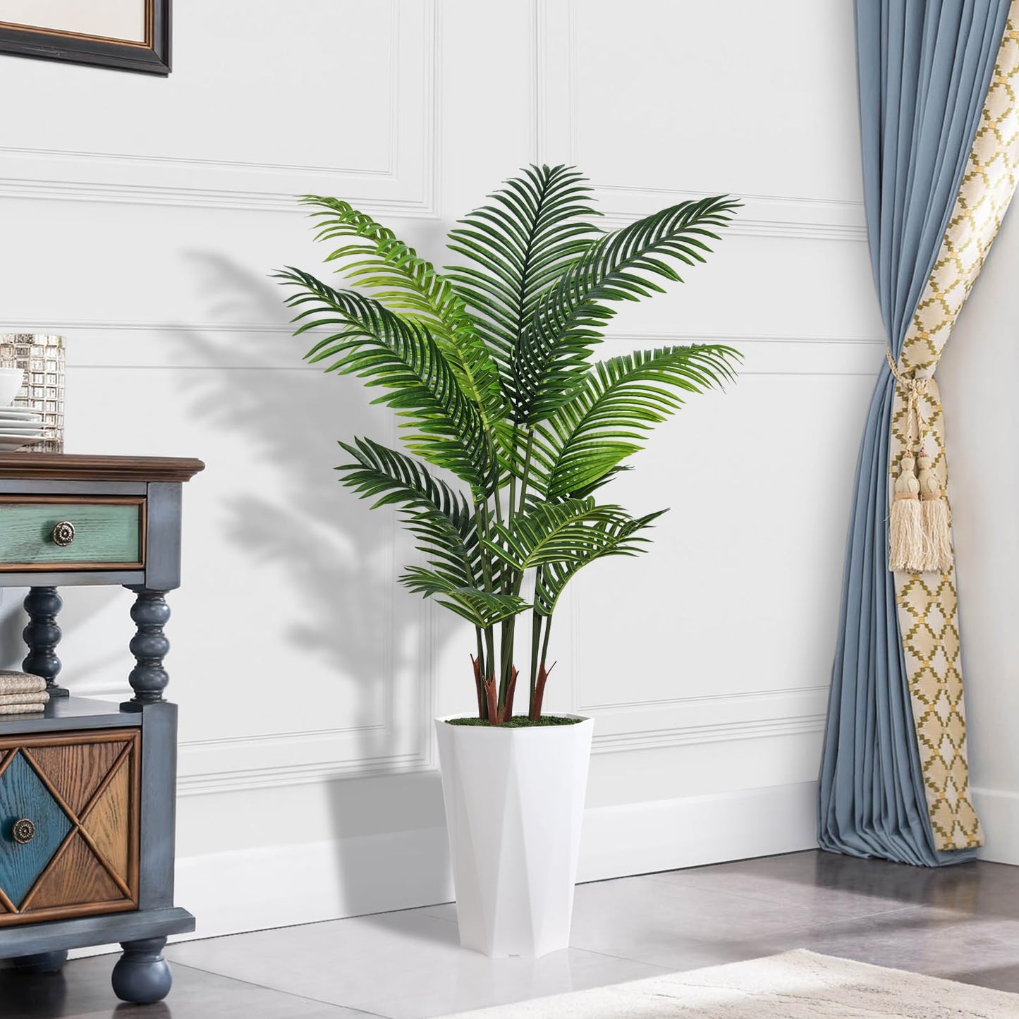 Artificial Palm Plant Indoor 5FT Fake Tree with White Diamond Planter Faux Tropical Areca Tall Fake Floor Plant in Pot Artificial Trees for Home Office Living Room Decor Indoor