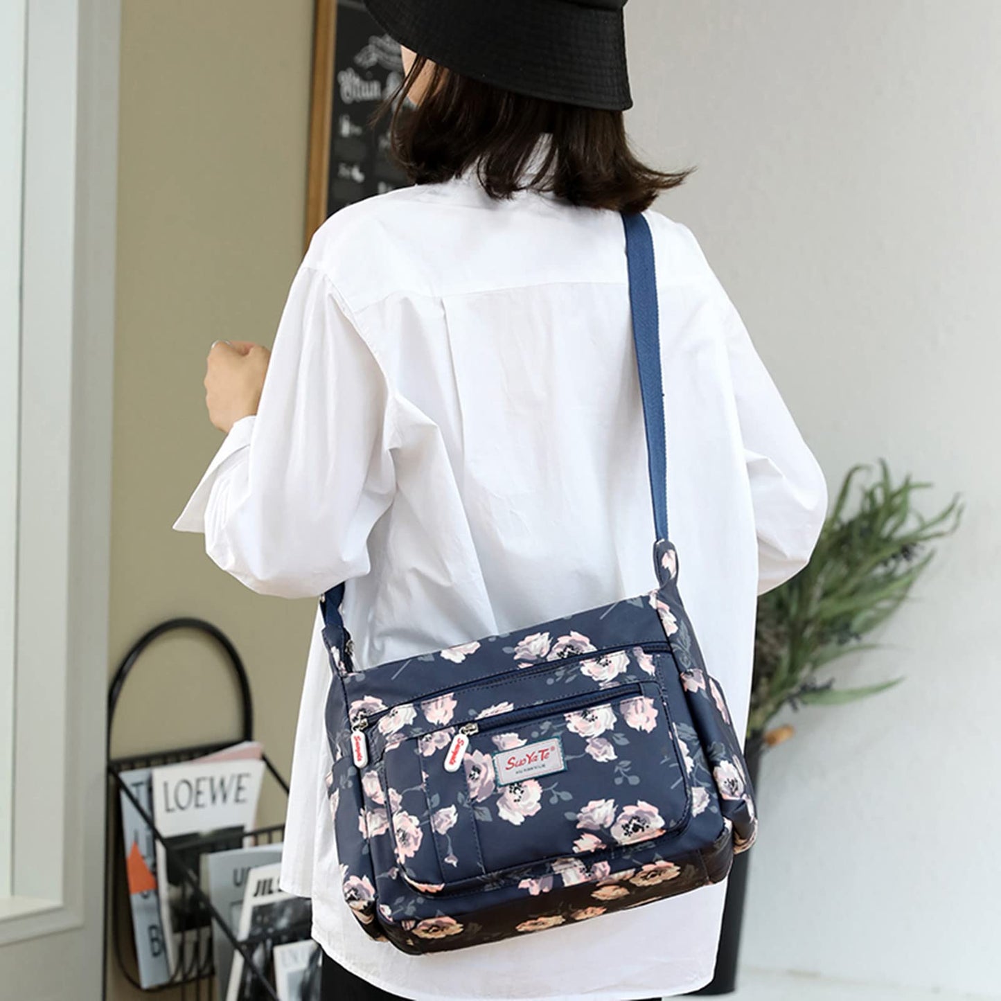 Wafybsre Cross-body Bag Women's Multi Pocket Nylon Messenger Bag Shoulder Bag Lightweight Travel Handbag (Monthly rose)