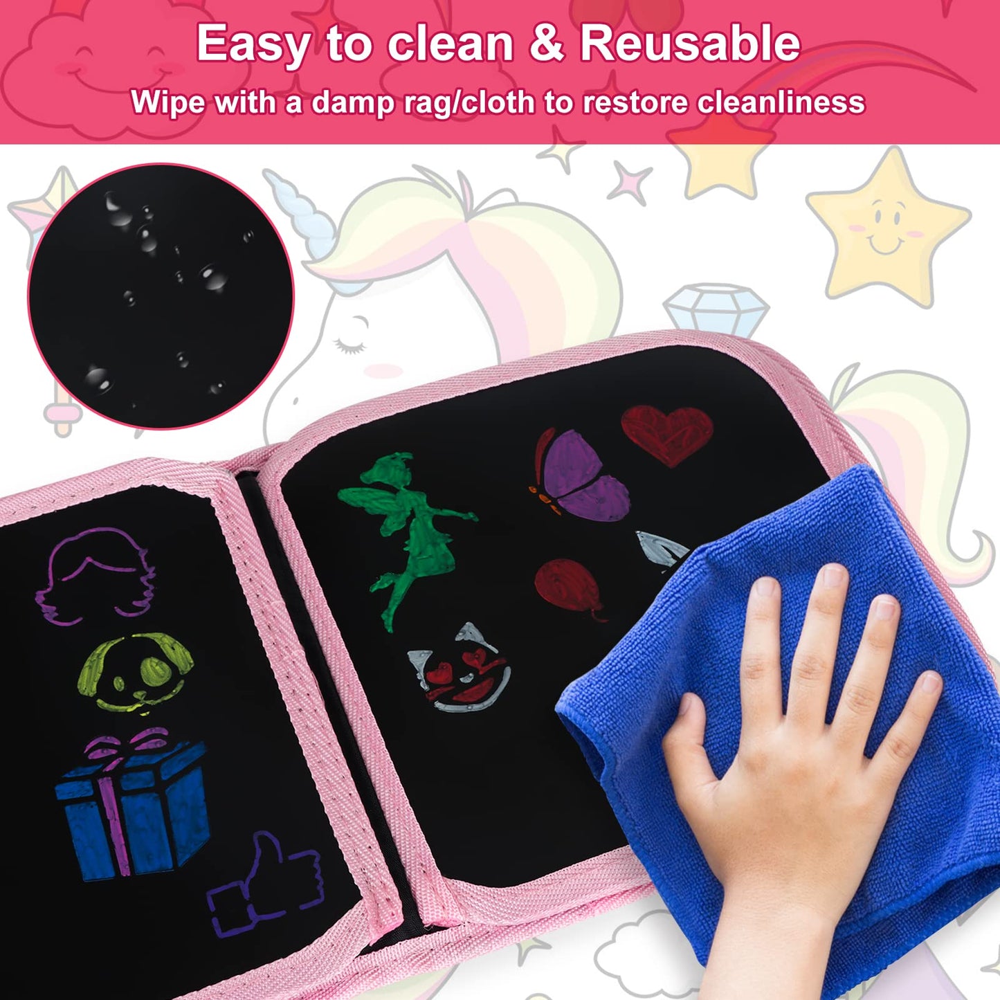 Qrytoi Erasable Book Doodle Set for Kids,Magic Drawing Book for Kids,Reusable Drawing Book 12 Watercolor Pens 14 Page Drawing,Road Trip Car Game Writing Painting Set for Boys and Girls