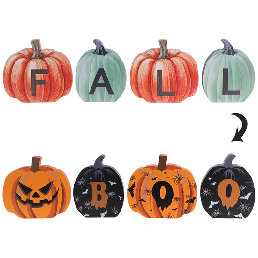 DECSPAS Fall Decorations for Home & Halloween Decorations Indoor, Double-Sided Pumpkin Wood Sign with Fall & Boo Lettered, Autumn Wooden Block Set for Table, Tiered Tray, Mantle, Thanksgiving Decor