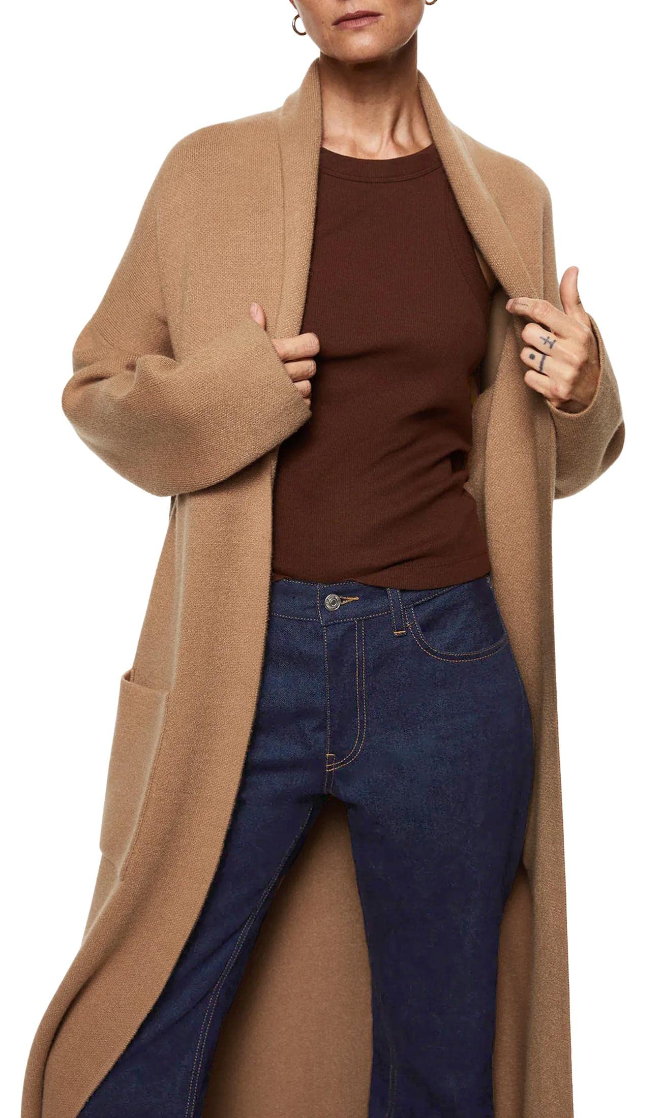 Womens Long Sleeve Maxi Cardigan Open Front Oversized Knitted Sweater Coat Casual Lapel Warm Overcoat with Pockets Camel