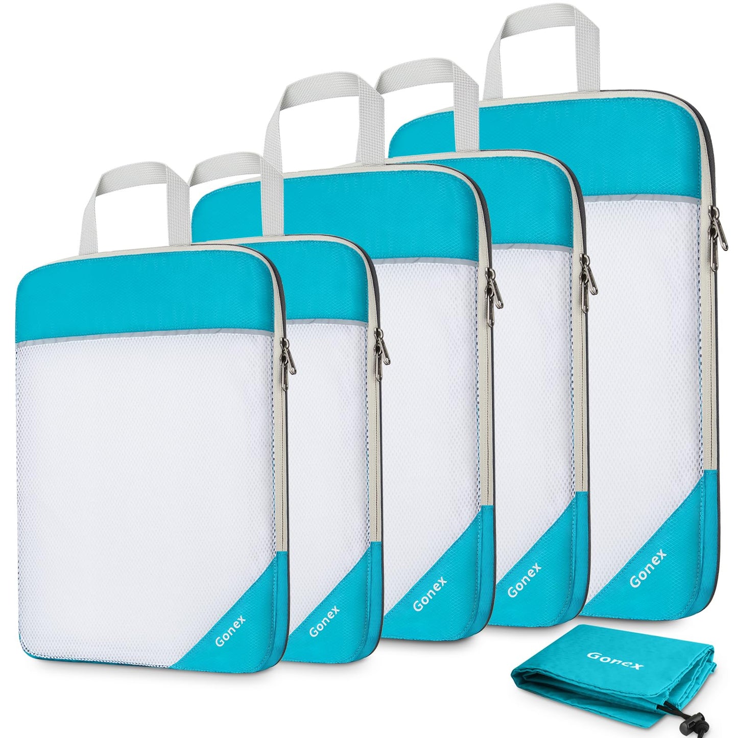 Gonex Compression Packing Cubes Mesh Organizers 1L+2M+2S+Laundry Bag Blue