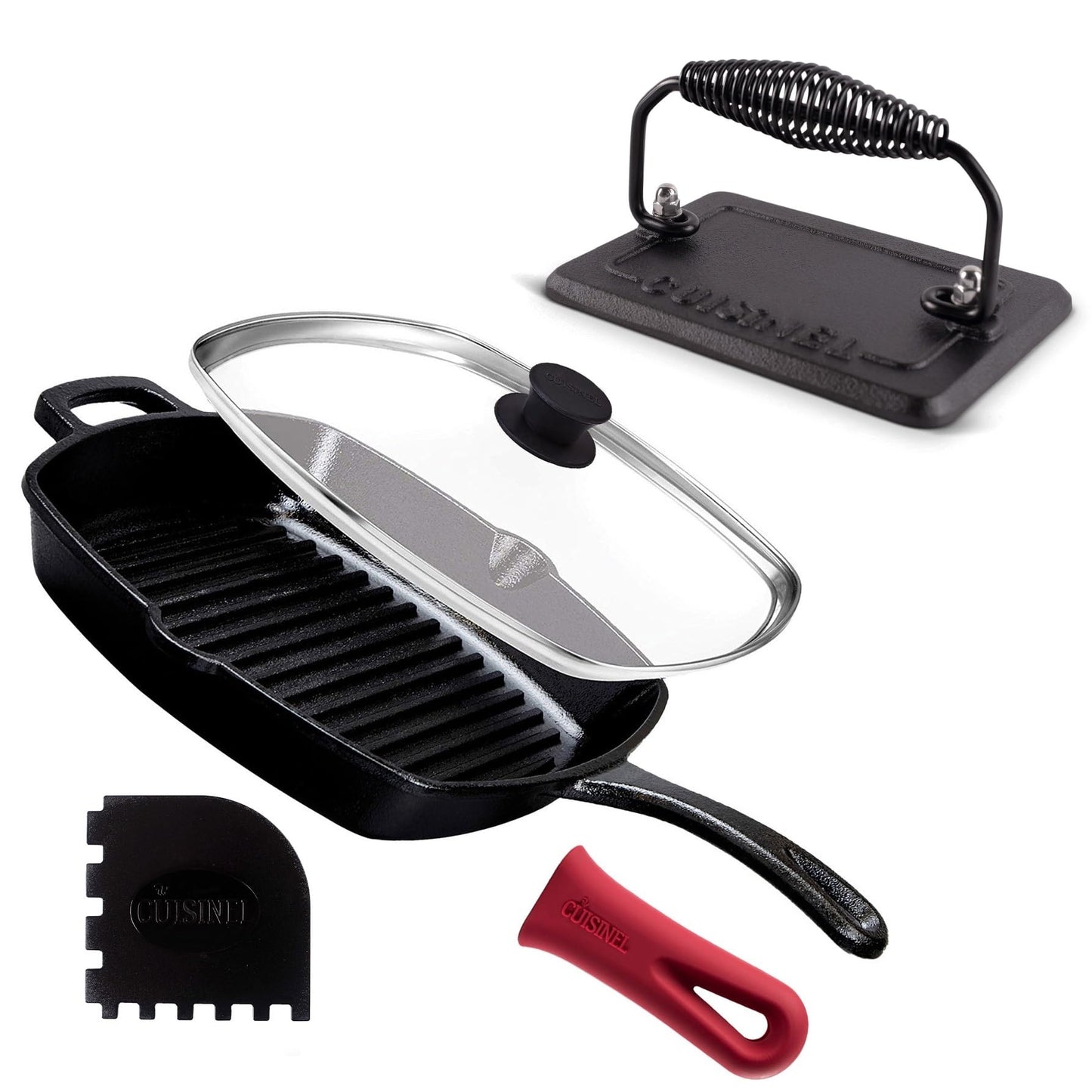 Cuisinel Cast Iron Grill Pan + Rectangular Cast Iron Grill Press + Tempered Glass Lid + Pan Scraper – Pre-Seasoned Ribbed Skillet – 10.5"-Inch Square Grilling Indoor/Outdoor Camping Fire BBQ Cookware