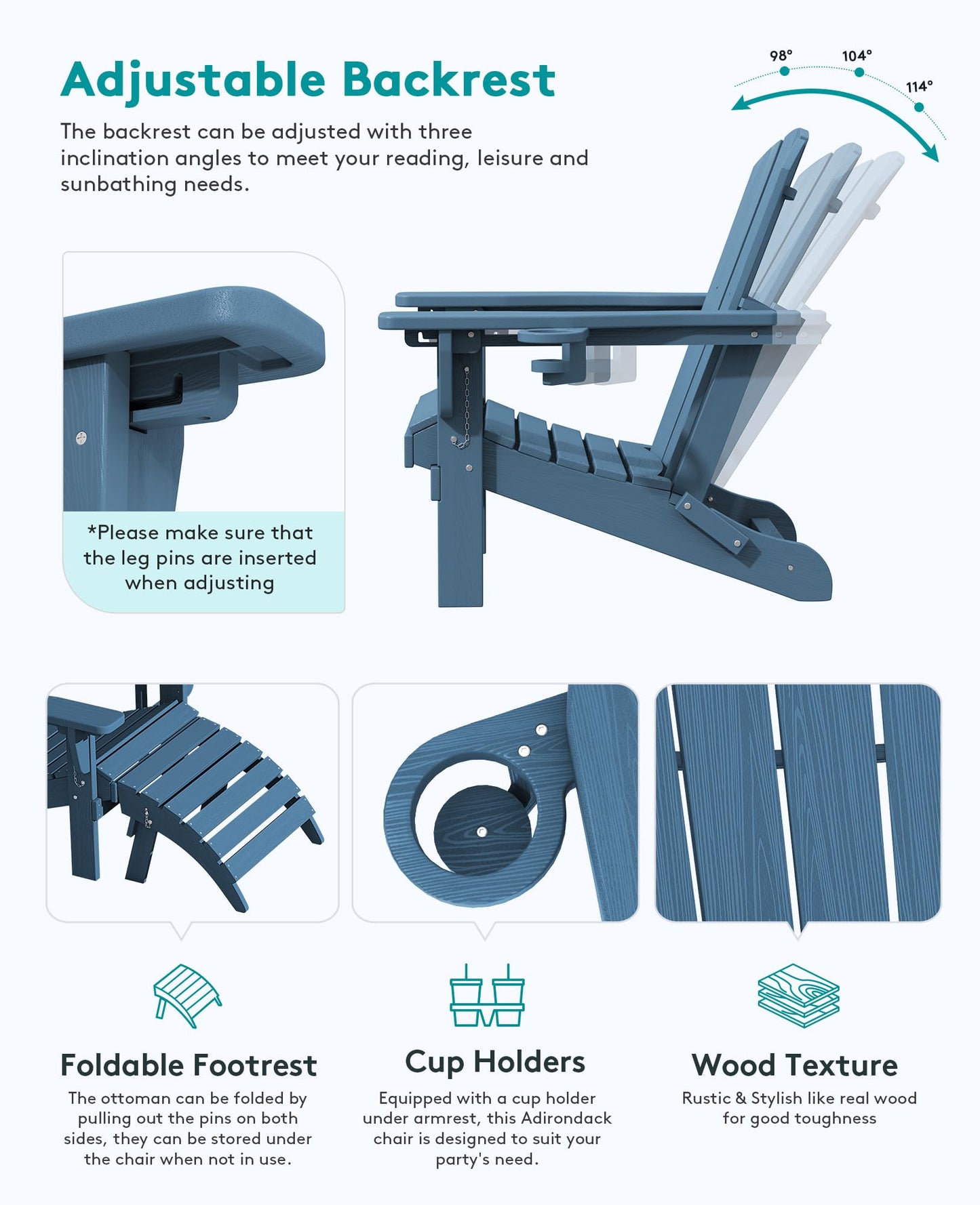 SERWALL 5-Piece Adirondack Chair and Ottoman and Table Set, HDPE Weather Resistant Adjustable Backrest Adirondack Chair with Ottoman and Side Table, Navy