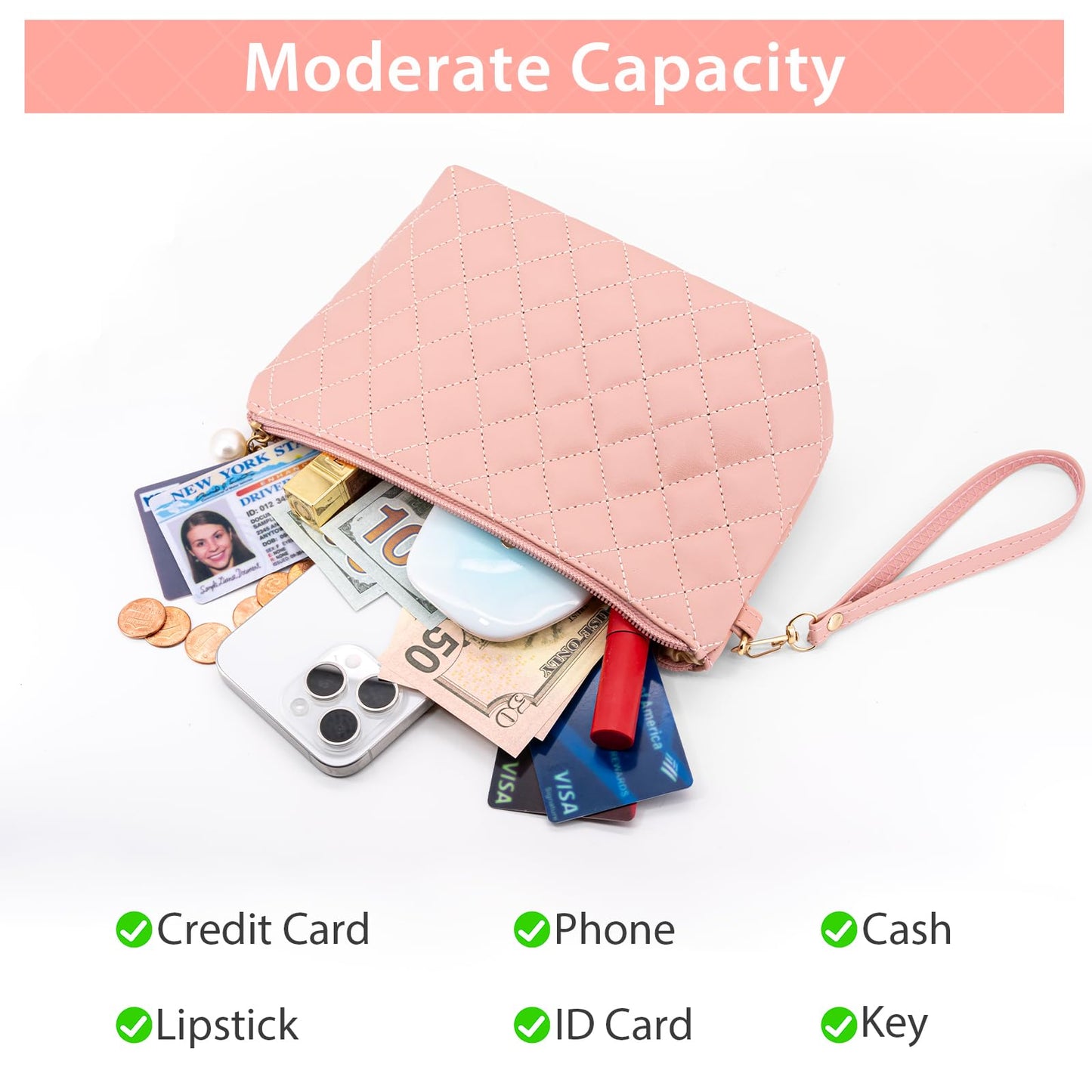 Younpy Wallet with Strap Wristlet Purses for Women Quilted Envelope Clutch Wristlet Wallet Pink Clutch Purses Ladies Handbag with Strap Evening Bag Pink