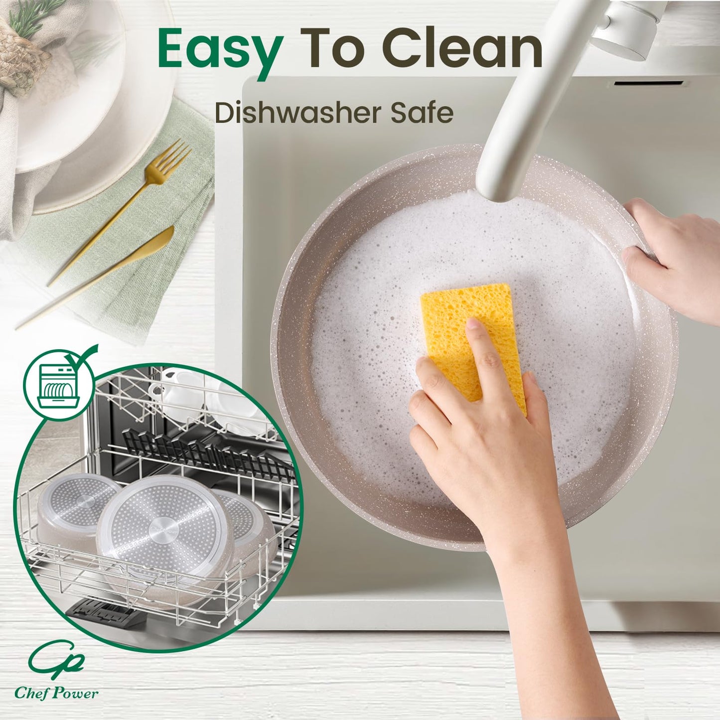 Chef Power Ceramic Nonstick Pots and Pans Set 19 Piece with Detachable Handle, Induction Dishwasher Oven Safe Cookware Set, RV Kitchen Set Removable Handle, Mocca Taupe