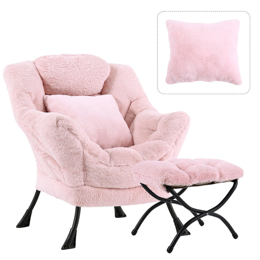 HomEastlly Large Lazy Chair with Ottoman, Accent Reading Chair with a Throw Pillow, Cozy Lounge Chair with Armrest, Leisure Sofa Chair for Living Room, Bedroom, Dorm, Plush Pink