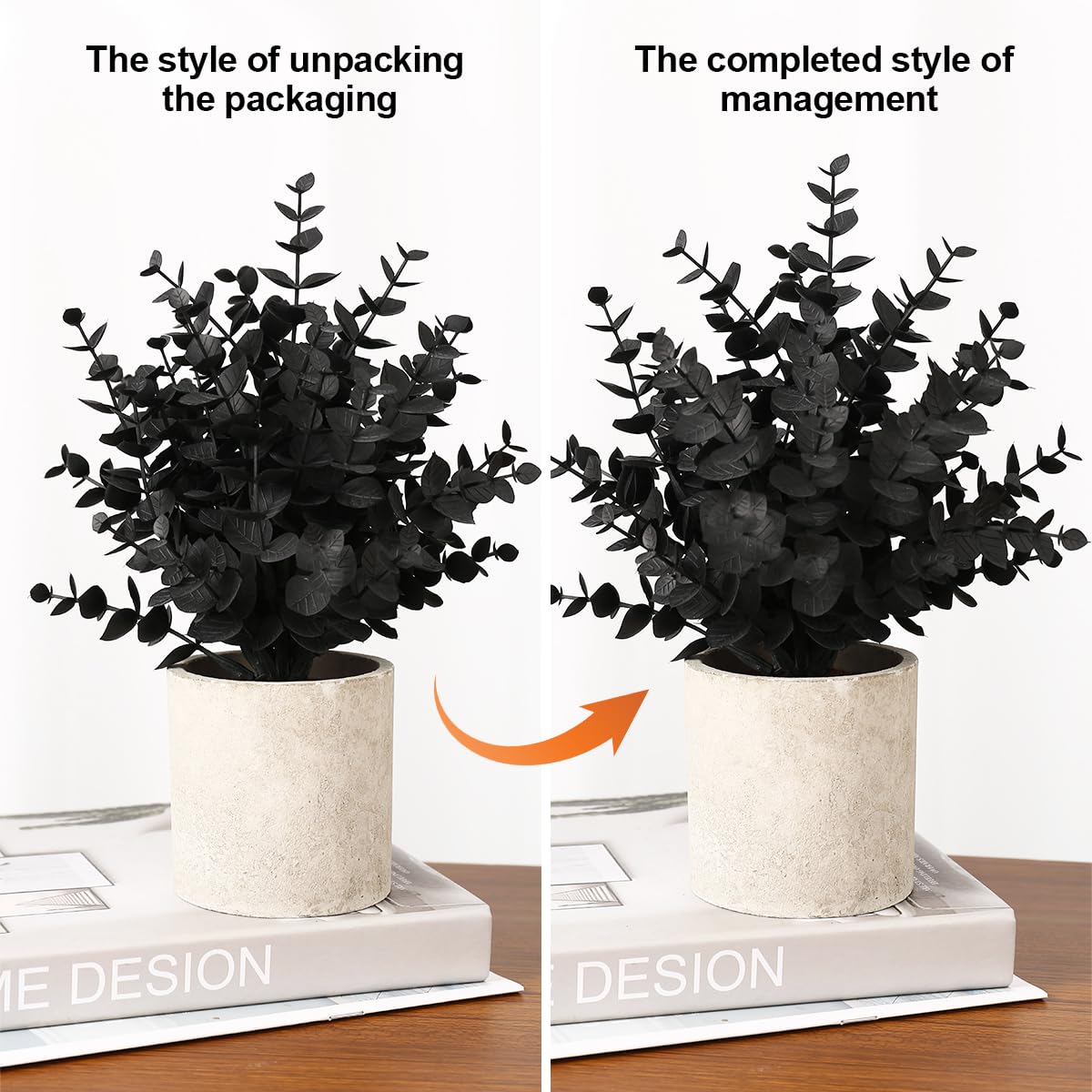 2 Pack Black Fake Eucalyptus Small Fake Plants Potted Artificial Plants for Halloween Decorations Shelf Desk Home Farmhouse Room Coffee Table Bathroom Decor(Black)