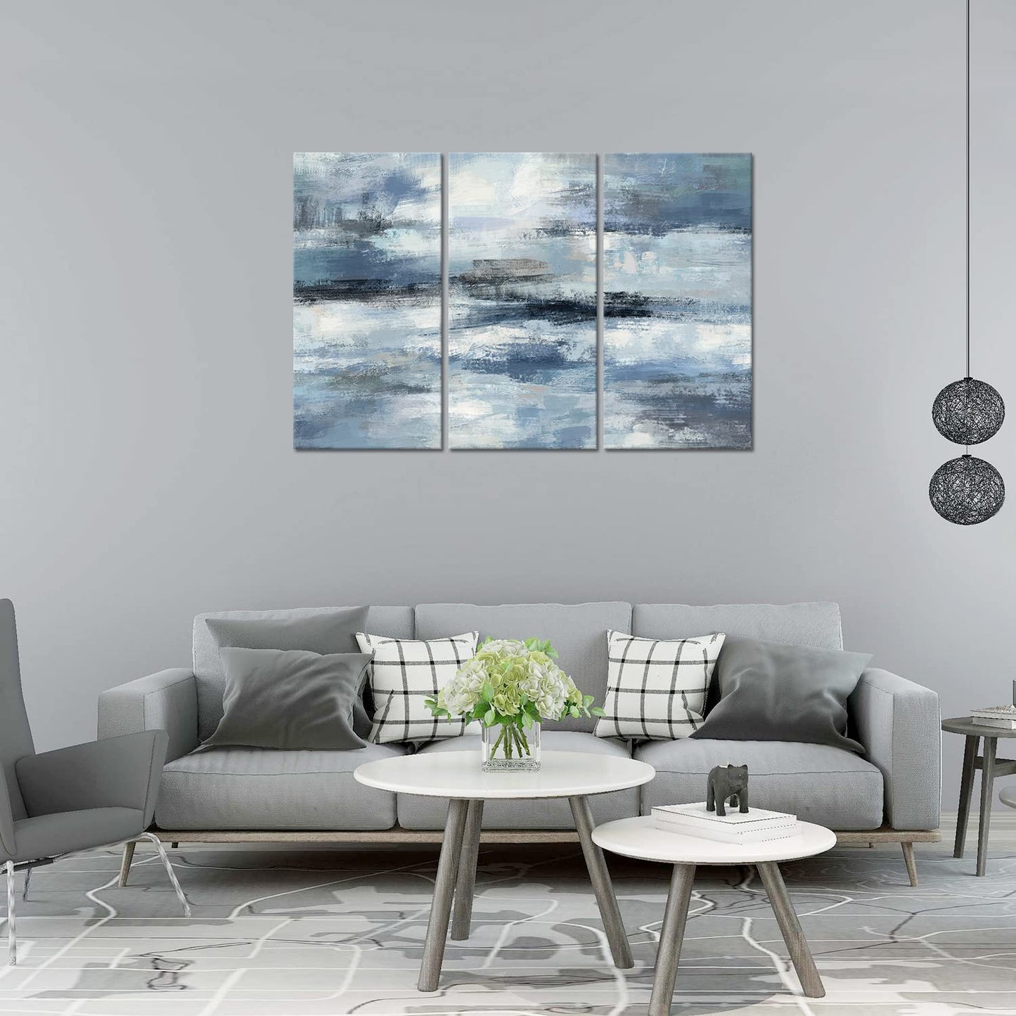 Blue Abstract Wall Art-Grey Abstract Picture 3 Piece Living Room Office Canvas Wall Art Print Wall Painting Modern Artwork for Home Bedroom Wall Decor