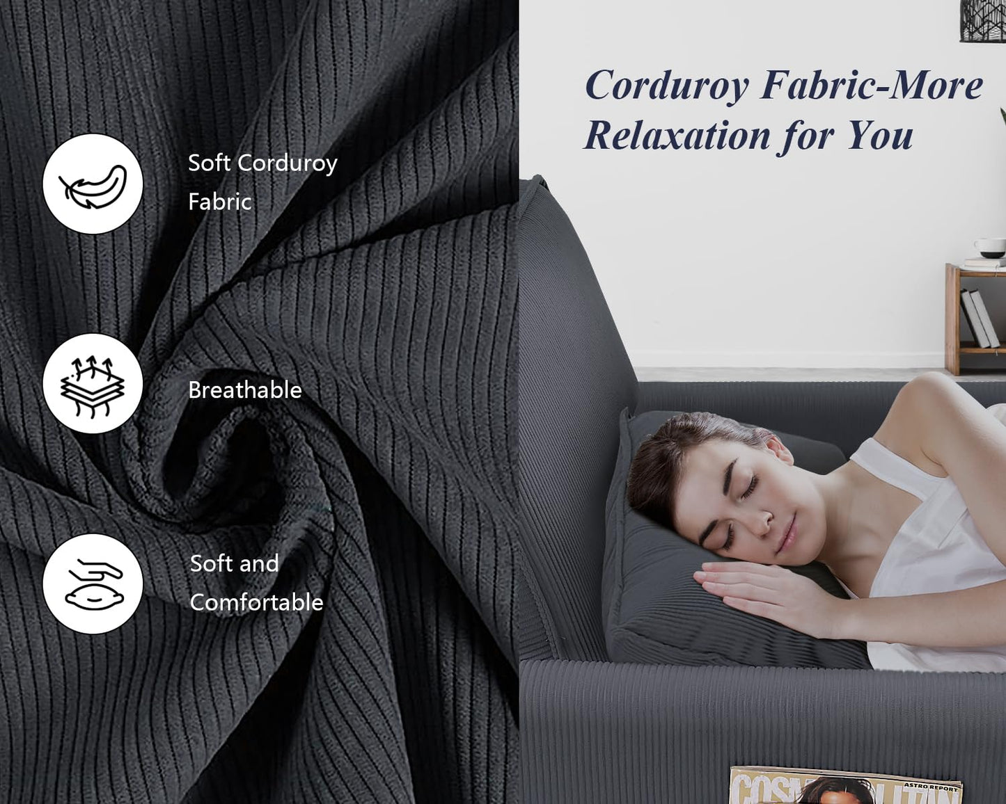 SEJOV Sleeper Chair, 3 in 1 Convertible Sofa Chair with Pull Out Futon Bed for Adults, Modern Corduroy Single Recliner for Small Spaces w/Adjustable Backrest, 2 Side Pockets & Pillow, Dark Gray