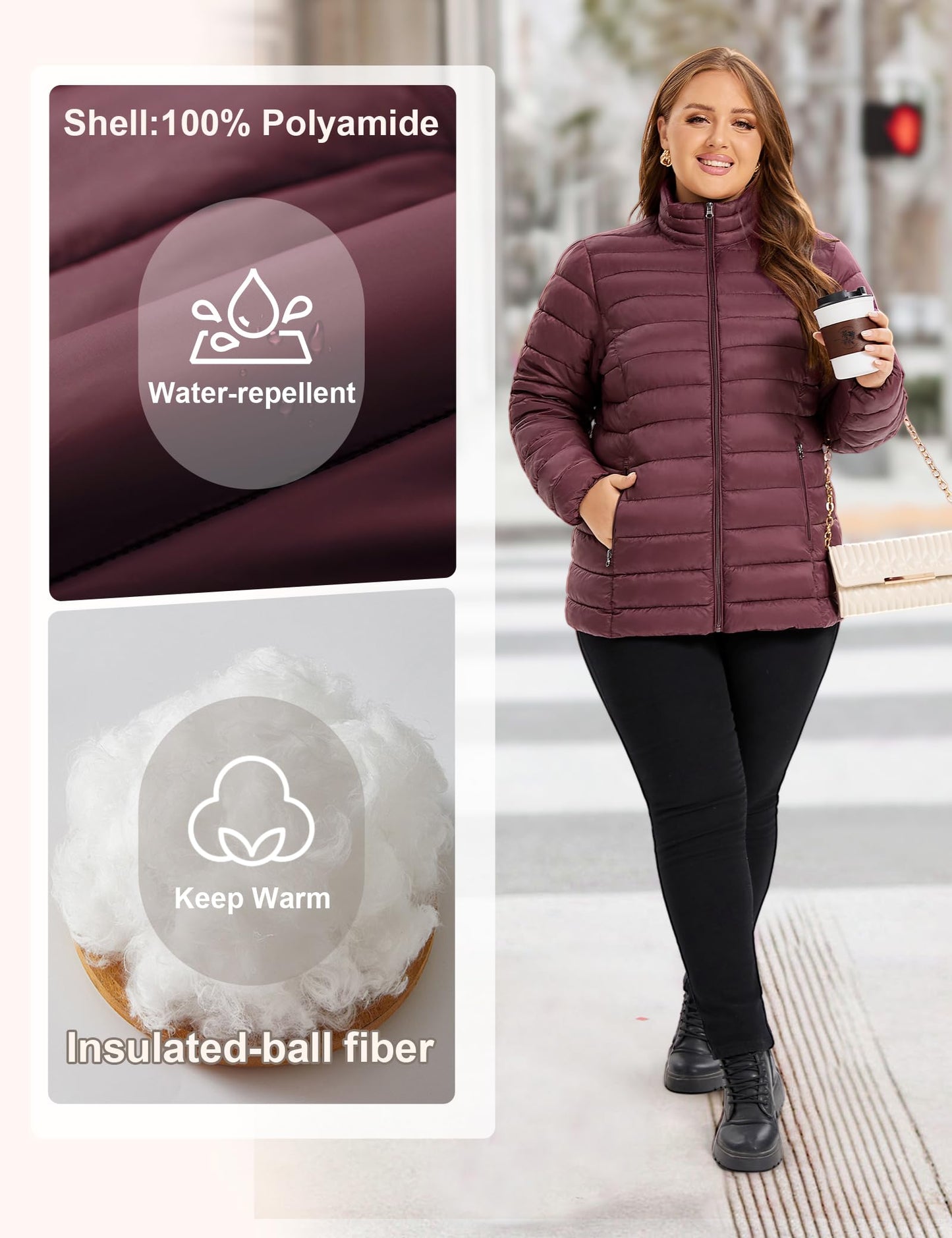 ANOTHER CHOICE Plus Size Puffer Jacket for Women, Lightweight Packable Stand Collar Winter Puffer Coat, Wine, 3X