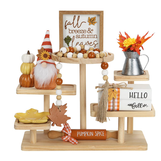 Fall Decorations, 8 PCS Fall Tiered Tray Decor Set, Thanksgiving Harvest Table Centerpiece Pumpkin Gnome Fake Plant Maple Autumn Farmhouse Wood Sign, Indoor Tabletop Decor for Home Office Shelf Mantel