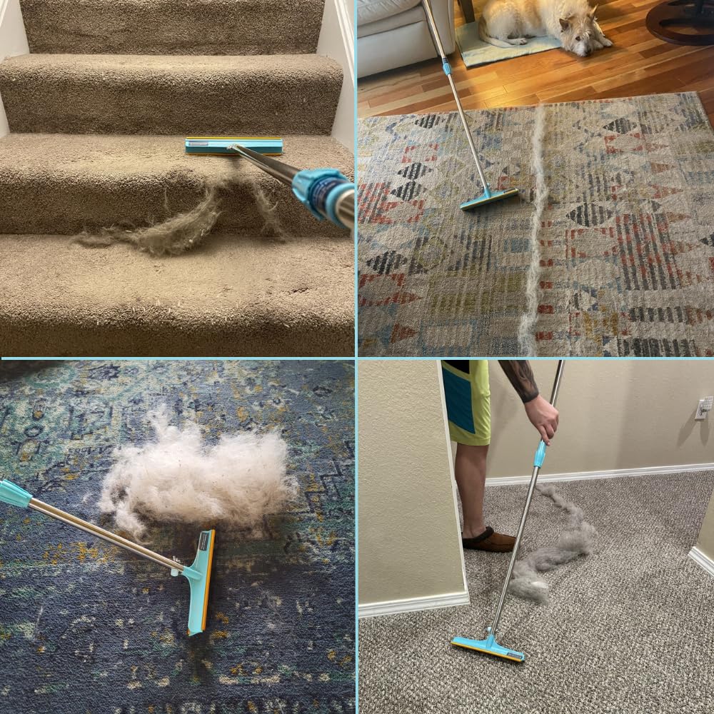 Uproot Cleaner Xtra Pet Hair Removal Tool: Reusable Carpet Rake with Telescopic 60" Handle - As Powerful as Uproot Cleaner Pro Pet Hair Remover, but Made for Carpets, Curtains - Don't Bend Don't Kneel