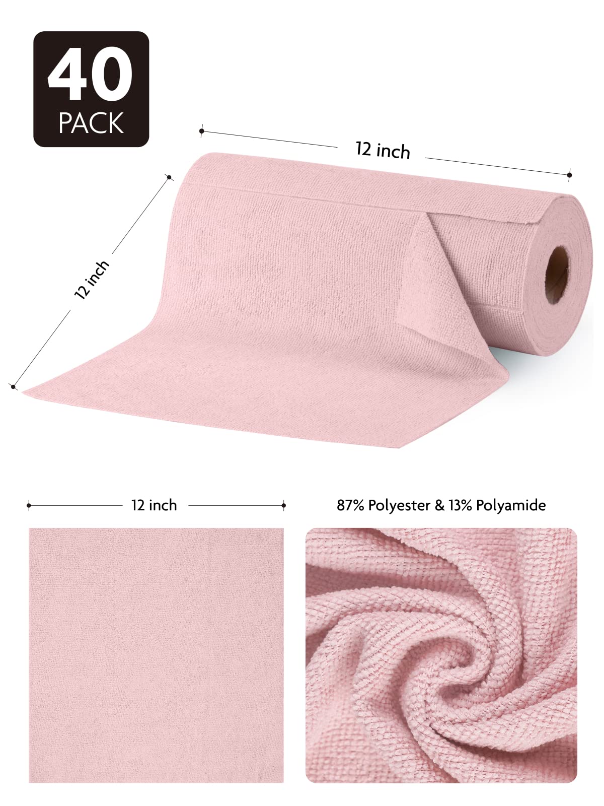Fantasticlean Microfiber Cleaning Cloth Roll -40 Pack, Tear Away Microfiber Towels, 12" x 12", Reusable, Washable, Scratch Free, Ultra Absorbent Dish Rags for Car, Home, Garage or Shop (Pink)