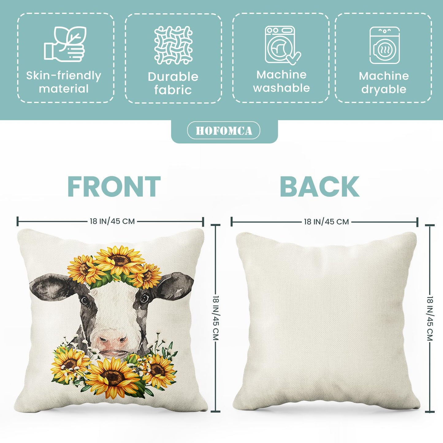 Hofomca Spring Summer Sunflower Throw Pillow Covers 18x18 Set of 4,Yellow Flowers Cushion Case Farmhouse Black and White Cow Buffalo Plaid Pattern Home Decorative for Couch Sofa Outdoor Living Room
