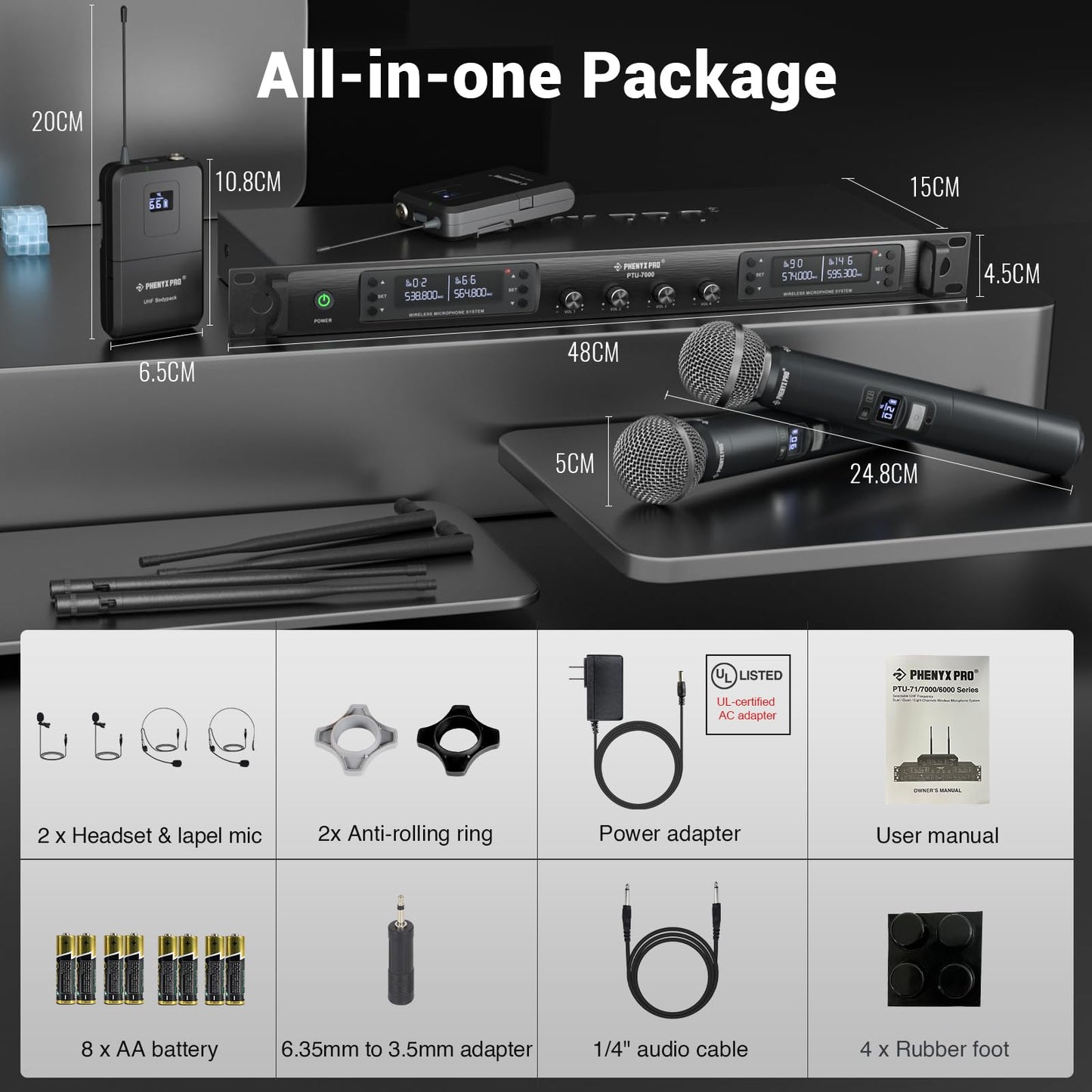 Phenyx Pro Wireless Microphone System, Quad Channel Wireless Mic, w/ 4x40 UHF Frequencies, Auto Scan, 328ft Long Range, 4 Handheld Dynamic Microphone for Singing, Church, Karaoke (PTU-7000-4H)