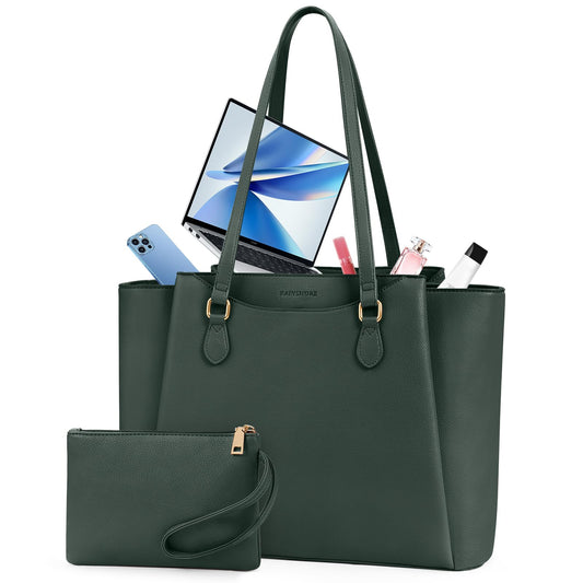 RAINSMORE Laptop Bag for Women 15.6 Inch Work Tote Bags Waterproof Computer Bags Leather Professional Laptop Purse Womens Laptop Briefcase Large Handbag for Office Teacher Travel, Green