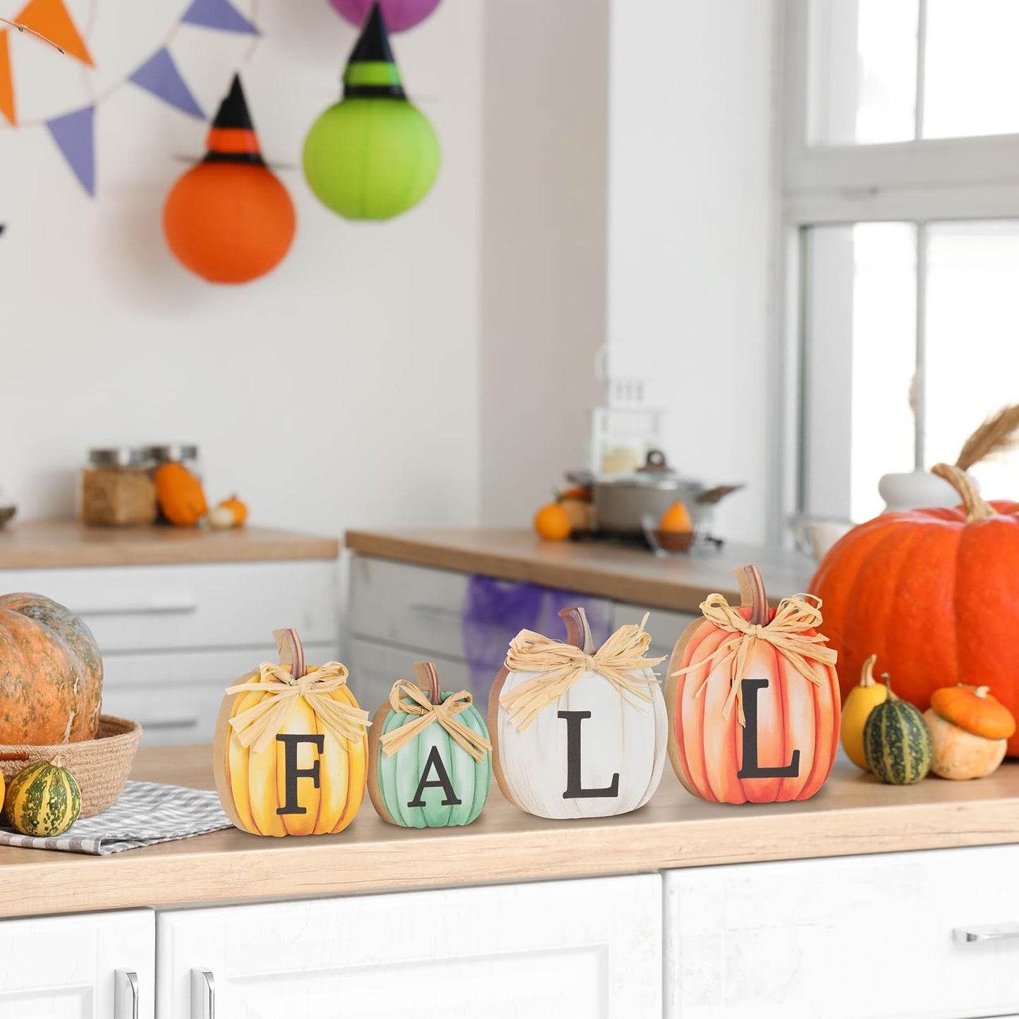 4 PCS Fall Pumpkin Wooden Signs Autumn Small Table Decoration Tiered Tray Pumpkin Tabletop Decor for Thanksgiving Home Kitchen Harvest Party Decor