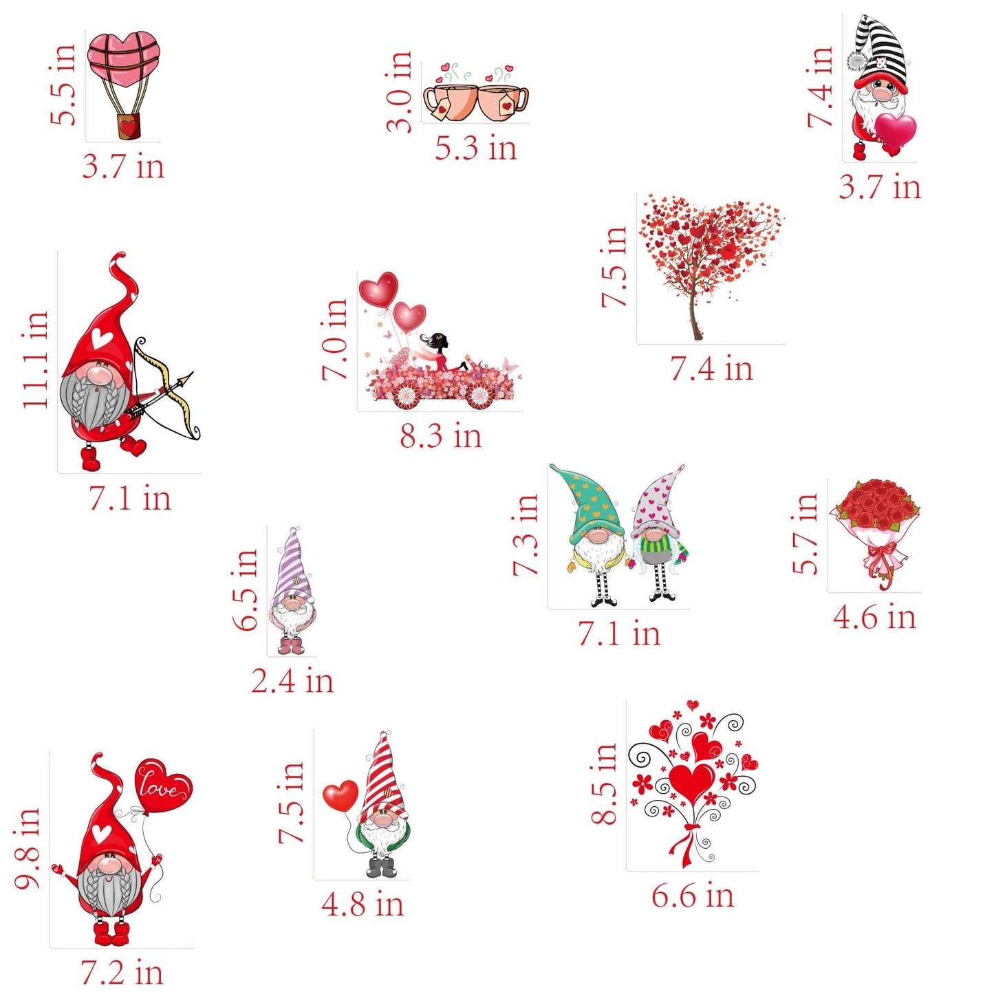 9 Sheets Valentine's Day Window Decals Clings Decorations, 149pcs Gnome Heart Window Stickers for Valentines Day, Glass Windows, Party, Wedding, Anniversary Ornaments Supplies