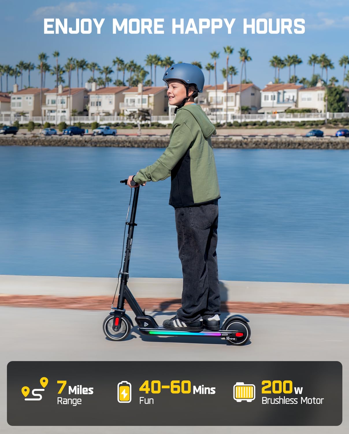 FanttikRide T9 Apex Electric Scooter for Kids 4.3-5.6 ft,200 W Motor, LED Colorful Lights with Bluetooth Music Speaker, 7/10/12 MPH Digital Display, Adjustable Height, Foldable, Up to 40 mins,Black