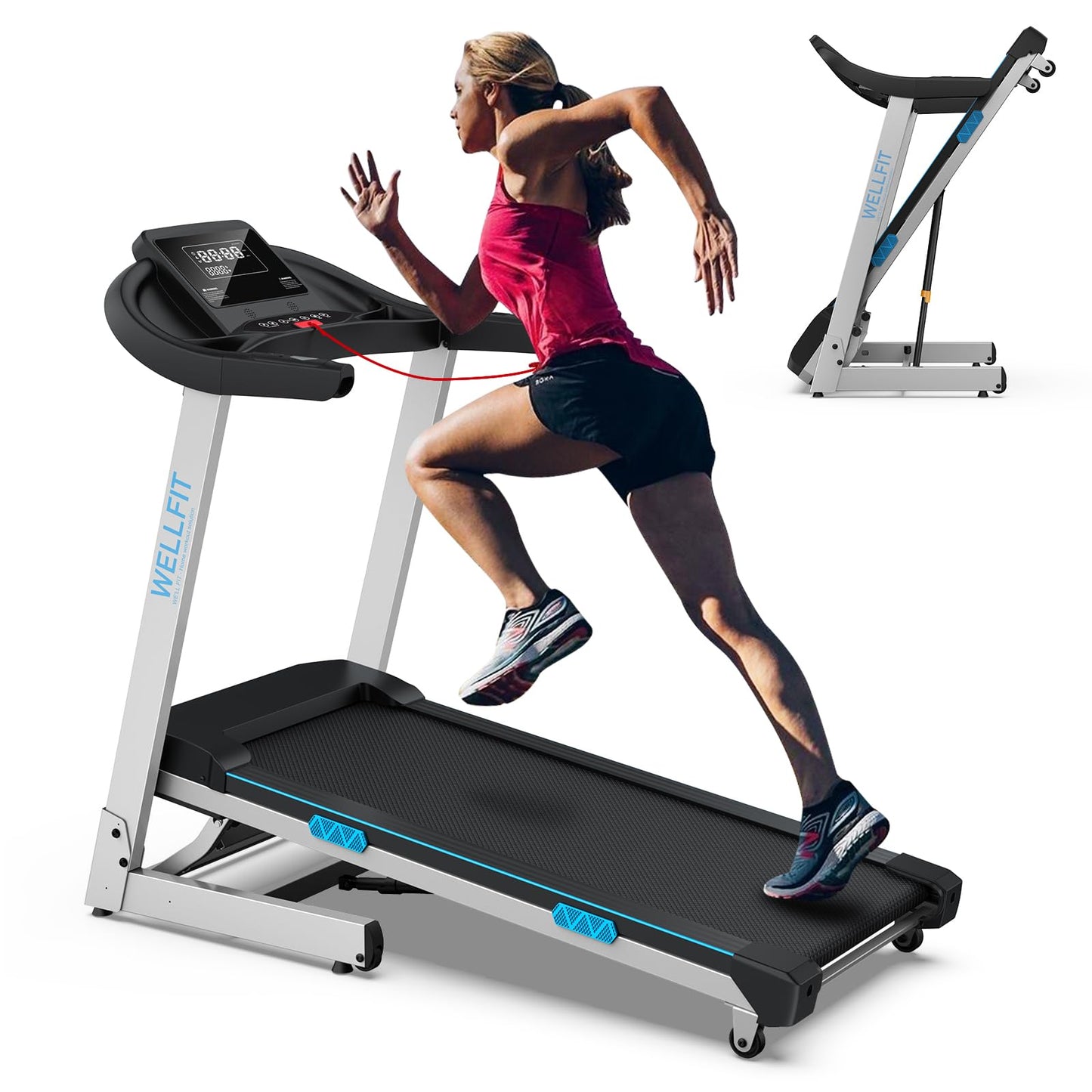 WELLFIT Home Gym Treadmills 15% Auto Incline, 3.5HP Treadmill 350lbs Capacity, Foldable Treadmill for Small Space, Voice Control, LED Console Display, Music Players, 45 * 18 Large Area, 95% Assembled