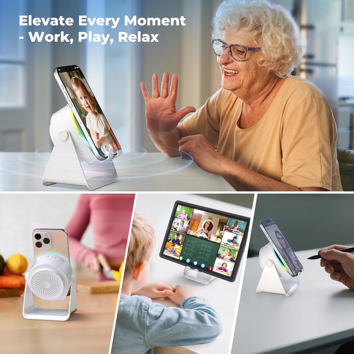 Dohelly Wireless Induction Speaker, Cell Phone Stand with Bluetooth Speaker, Stereo Sound, RGB Ambient Light, Phone Holder Compatible with iPhone/iPad/Android/Samsung Galaxy-White