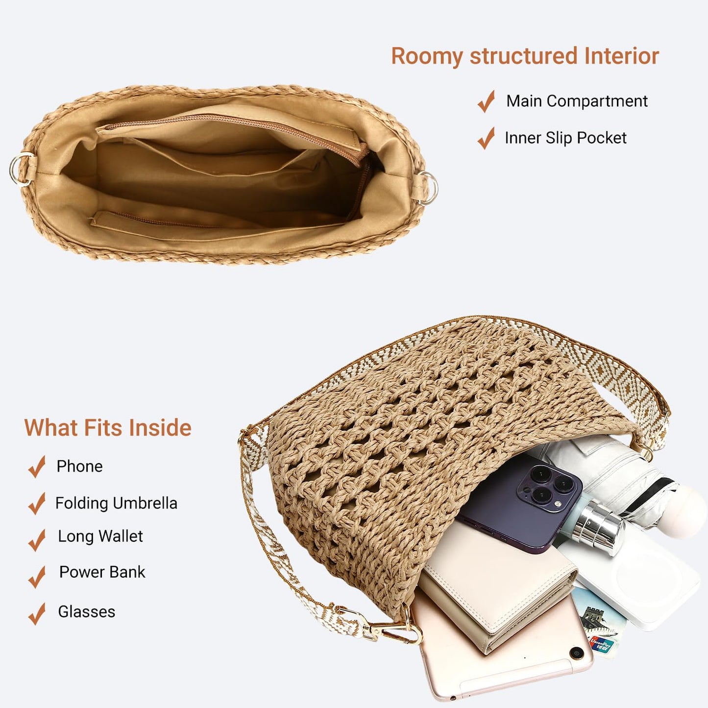 Herald Small Handmade Straw Pocketbook Crossbody Bag for Women, Summer Chic Woven Handbag Shoulder Purse with Chain (Hollow Out Coffee)