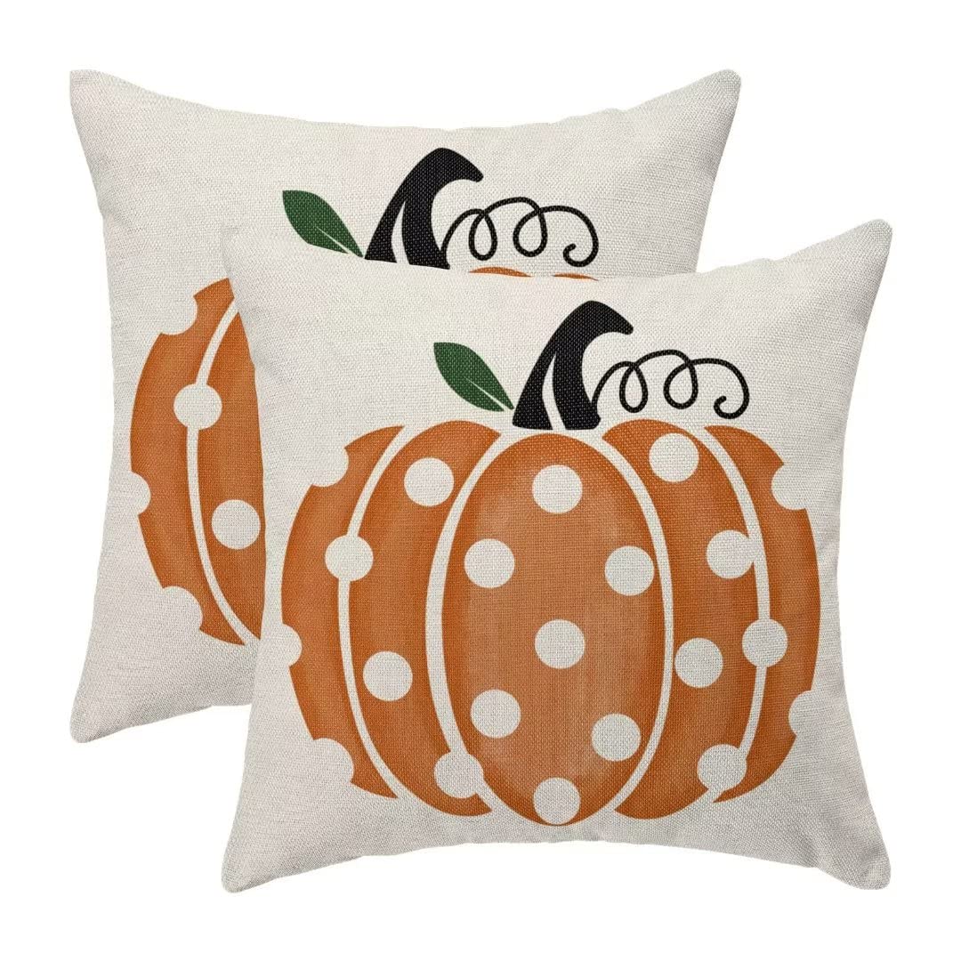Fall Pumpkin Pillow Covers 18x18 Set of 2 Farmhouse Polka Dots Decorative Throw Pillow Outdoor Linen Square Autumn Thanksgiving Cushion Cover Decor for Home Couch Sofa