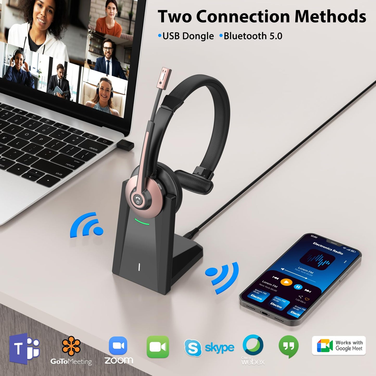 Wireless Headset with Mic for Work, Bluetooth Headset with Microphone Noise Cancelling & Mic Mute, Wireless Headphones with USB Dongle & Charging Base for Work/ Home/Computer/Call Center/Office/Zoom