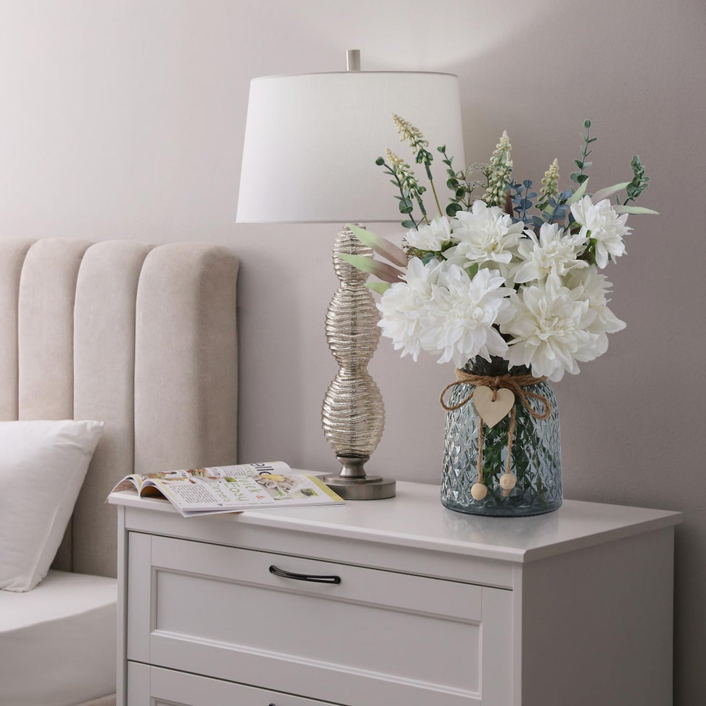 Leftover Fake Flowers in Vase,White Artificial Flowers Centerpieces for Tables,Fake Plant and Faux Flowers for Vase,Silk Flower Arrangements for Home Decor Living Room,Coffee Table Decor