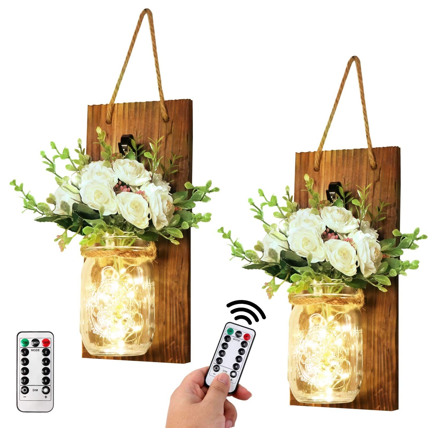 AerWo 2Pcs Mason Jar Sconces Wall Decor, Handmade Rustic Sunflower Wall Decor with LED Fairy Lights and Flowers, Hanging Mason Jar for Farmhouse Kitchen Decorations Living Room Lights