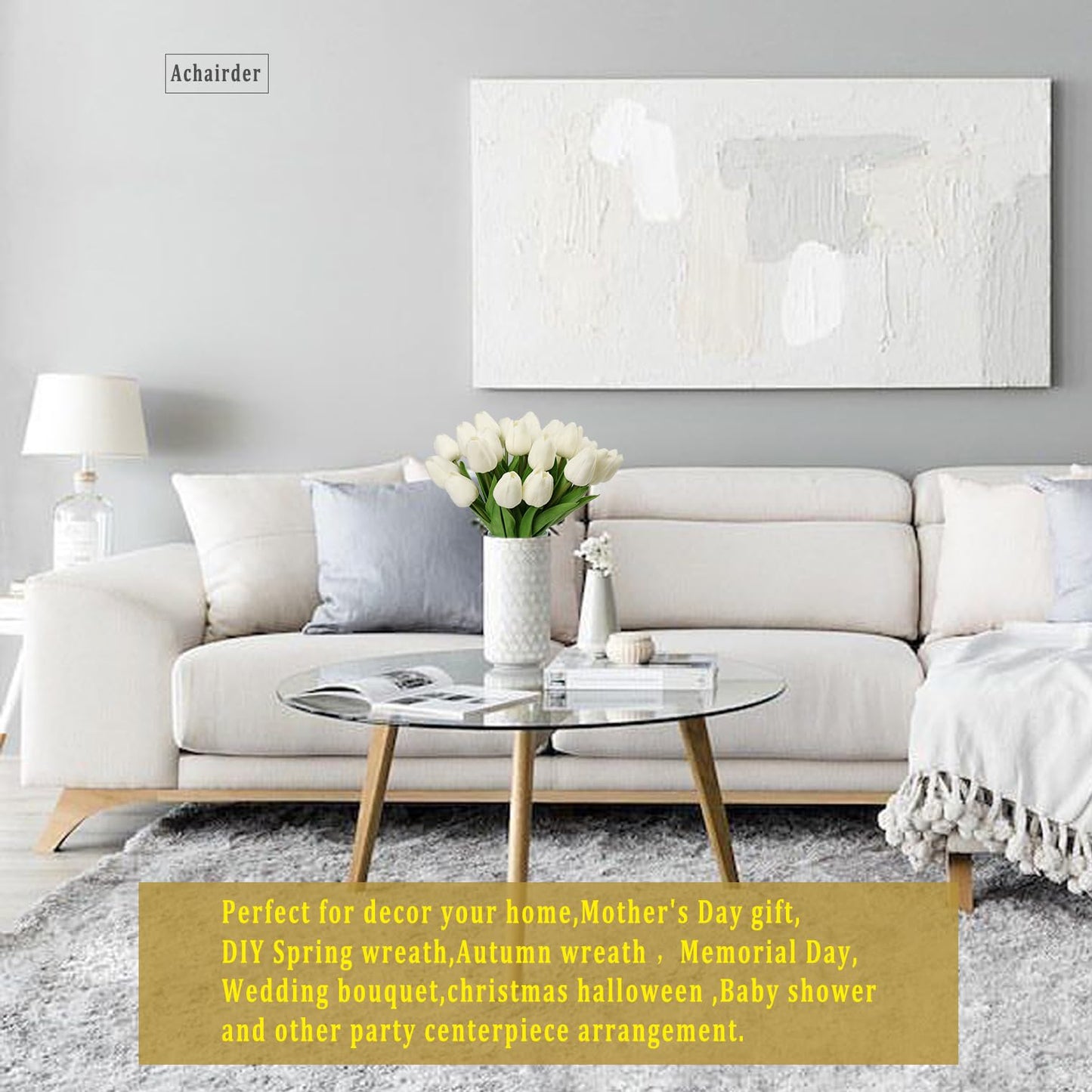 Achairder 30pcs Tulips Artificial Flowers, Artificial Latex Real Touch Tulips Flowers Bouquet for Mother's Day Easter Wedding Party Home Decor-White