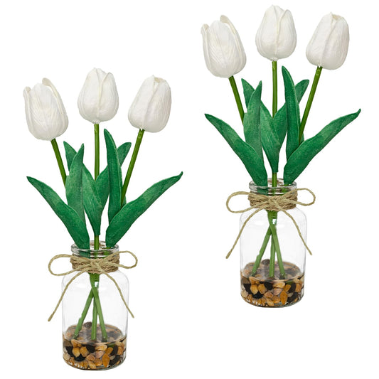 unlemoni 2 Packs Faux Flowers Artificial Tulips in Glass Vase with Faux Water Stone, Poly Foam White Fake Tulips Real Touch Flowers Arrangement for Home Kitchen Wedding Centerpiece Decoration