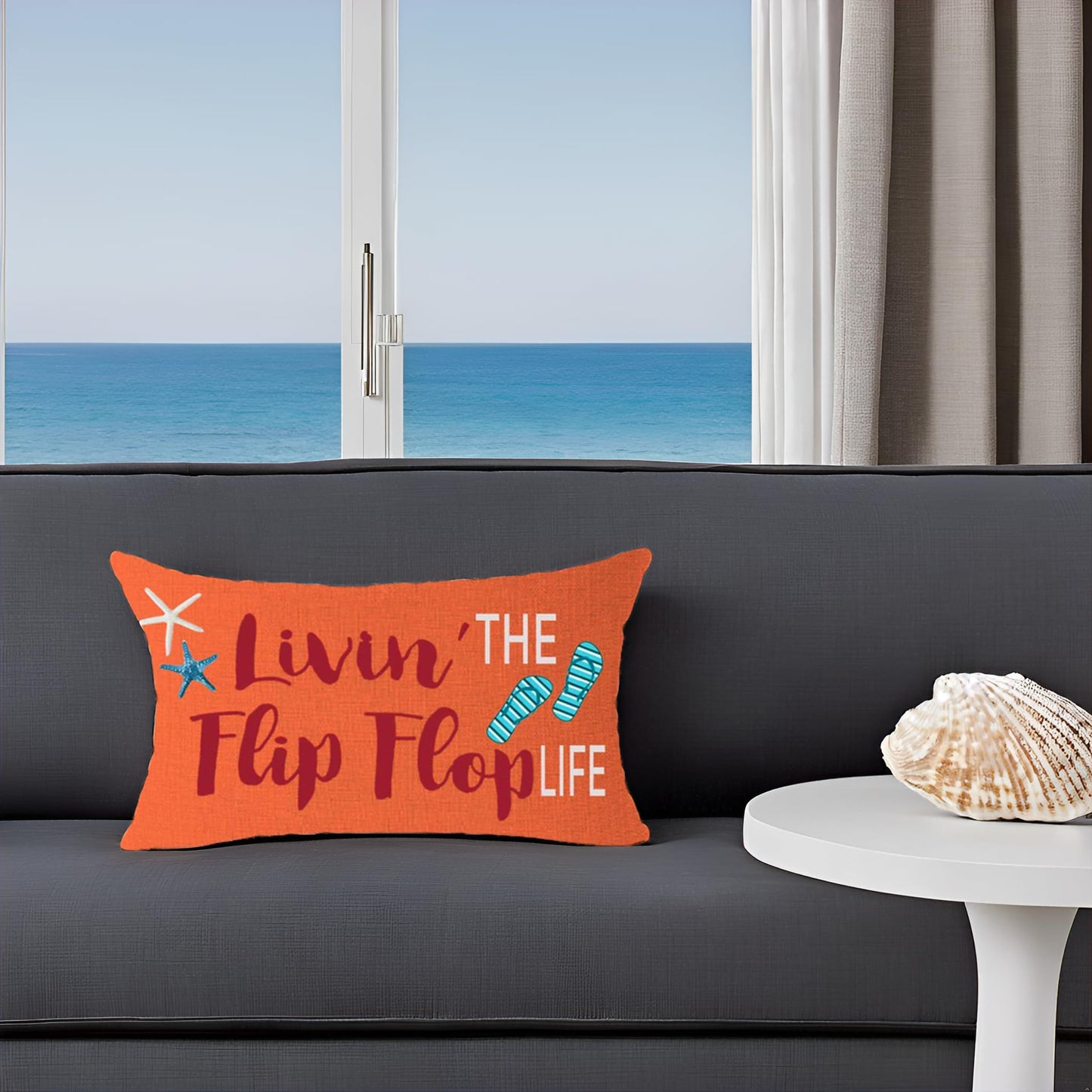 FELENIW Livin' The Flip Flop Life Starfish Shell Fun Quote Gift for Beach Lake Camping Outdoor Throw Pillow Cover Cushion Case Cotton Linen Decorative Lumbar 12x20 inch
