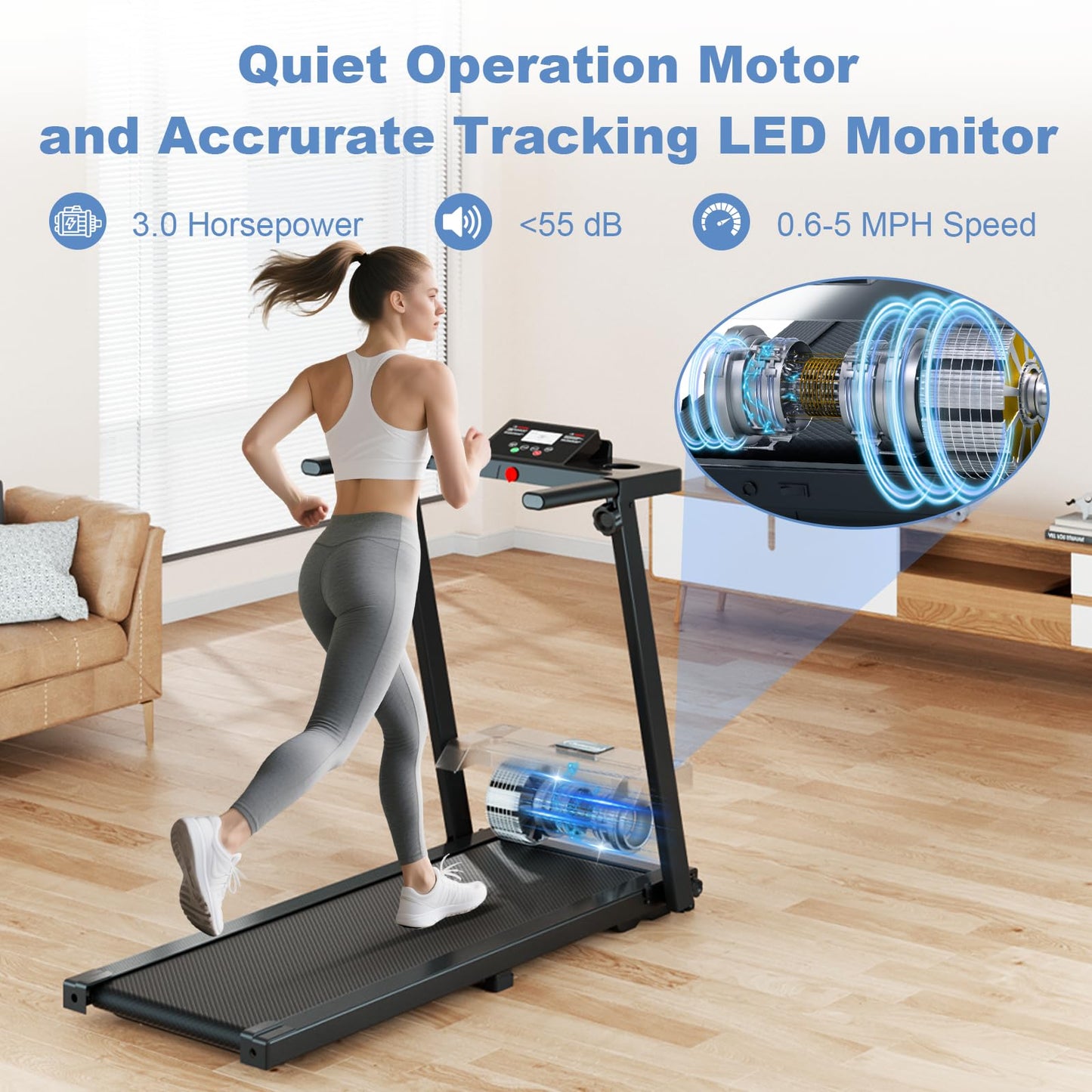 Juturna Treadmills for Home, Portable Foldable Treadmill, Walking Pad with Handle Bar, 3.0 HP Walking Pad with 300 LBS Capacity, Folding Treadmill with LED Display