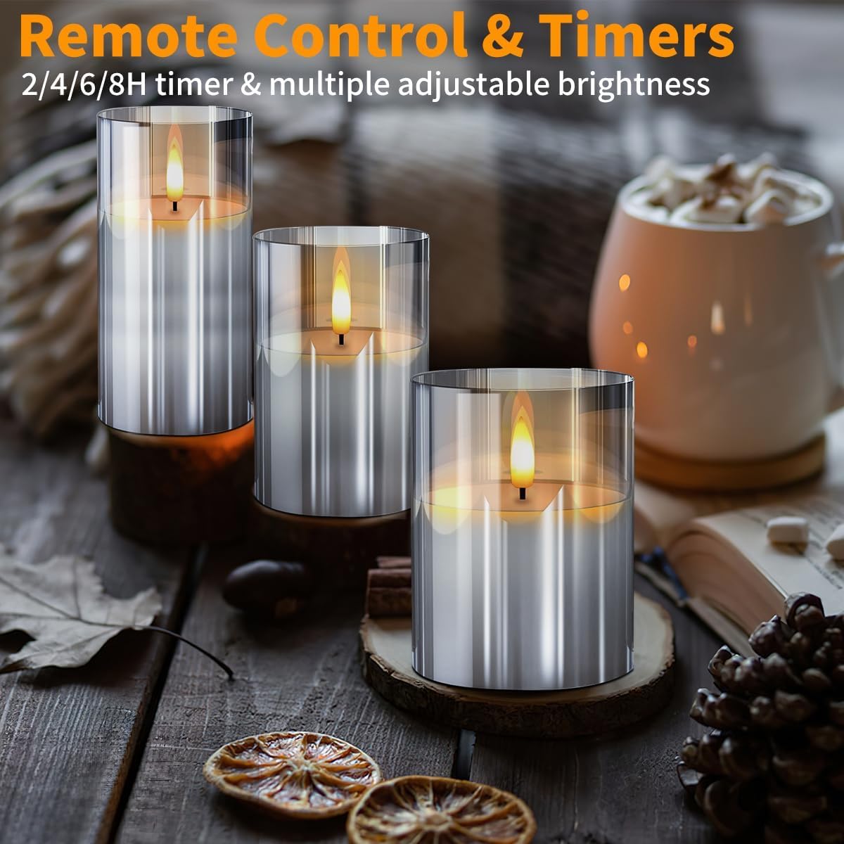 Gray Glass Flameless Candles Flickering with Remote, Timer, Battery Operated Moving Wick Realistic Warm Light Real Wax LED Candles for Party, Wedding, Festival Tabletop Decoration - Set of 3