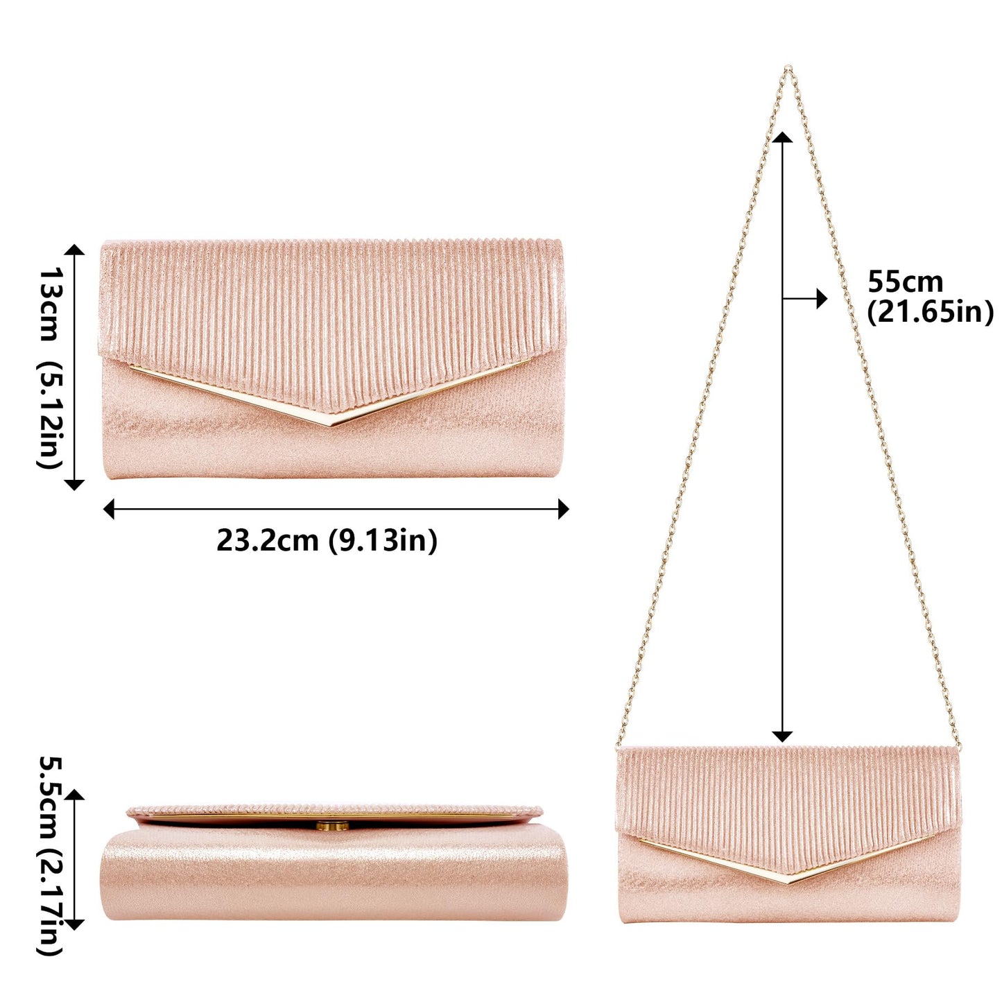 Larcenciel Clutch Purses for Women, Sparkly Envelope Evening Bag with Chain, Chic Vertical Lines Ladies Crossbody Handbags Money Phone Purse for Prom Party Wedding Cocktail, 9.05x1.97x4.72in (Silver)