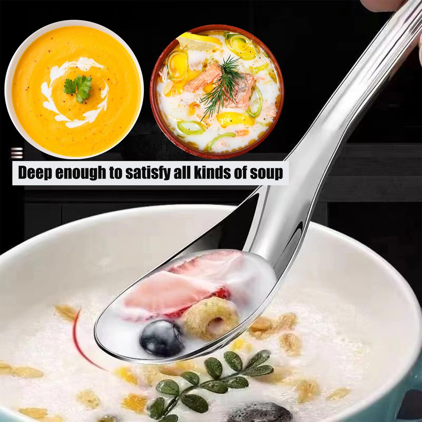 MIUPOO Thickened Stainless Steel Soup Spoons, Asian Chinese Japanese Flat Soup Spoons Large for for Ramen Noodles Bowl Table Serving, Silver,1.5×7Inches, 4 Pieces