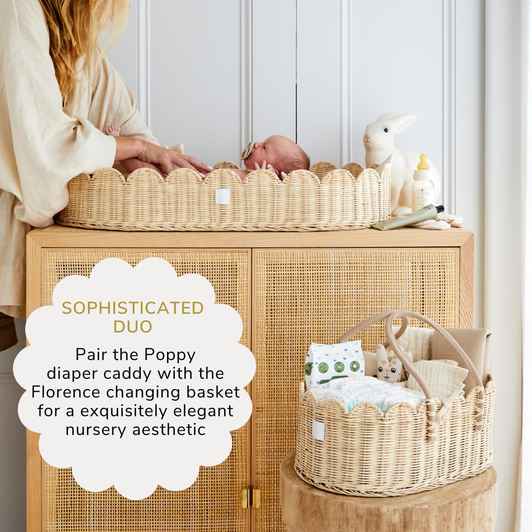 BEBE BASK Premium Baby Diaper Caddy Organizer - Handmade & Award-Winning Scalloped Rattan Basket - Luxury Diaper Caddy Basket - Elegant Scalloped Edge (Natural)