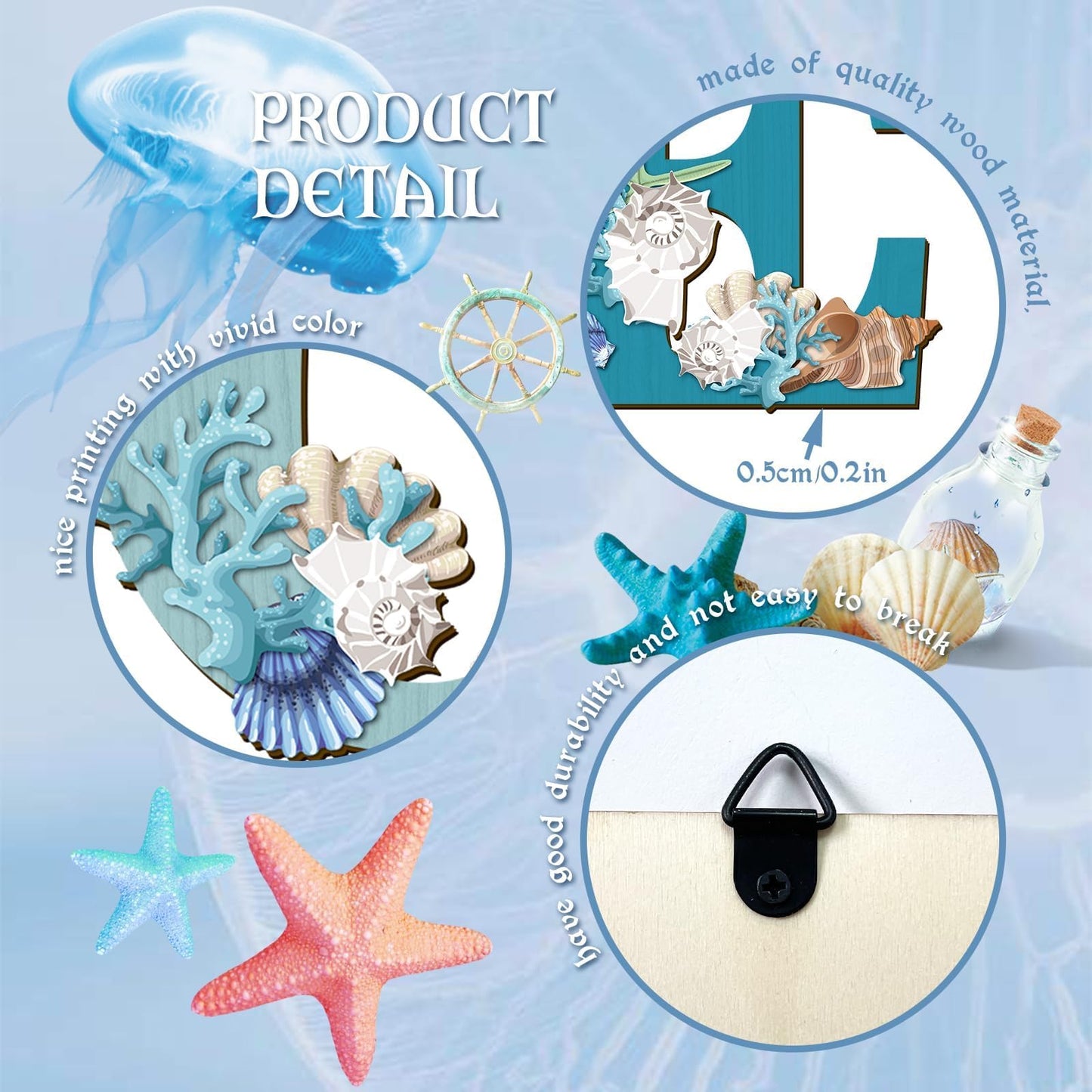 4 Pcs Wood Home Sign Coastal Beach Wall Decor Beach Style Signs Blue Starfish and Shell Wall Decor Beach Theme Sign for Home Letters Hanging Wall Decor Art Signs for Living Room Kitchen Bedroom Decor