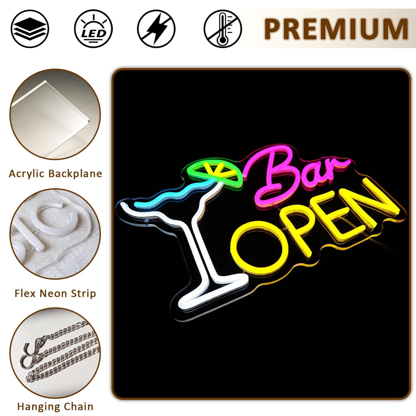 PMCVYH Bar Open Sign for Business, Neon Open Sign, USB Dimmable Cocktails Neon Lights for Beer Bar Coffee Cafe Home Pub Man Cave Stores Hotel Party Window Wall Decor Restaurant