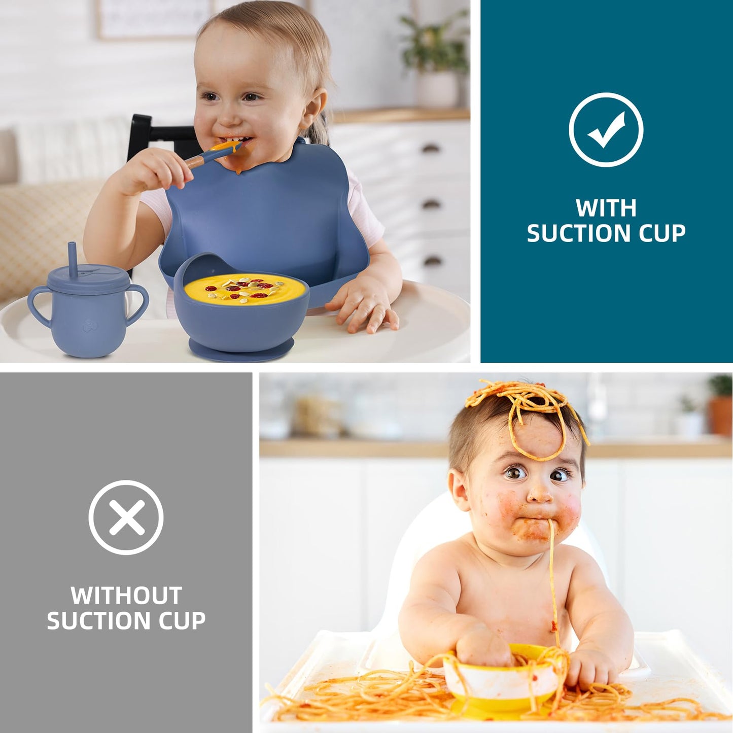 Dormlony 100% Silicone Baby Feeding Set,BPA Free Baby Dishes Set with Suction Bowl Divided Plate,Toddler Self Feeding Dish Set with Spoons Forks Sippy Cup and Bib, Baby Eating Utensils (Navy Blue)