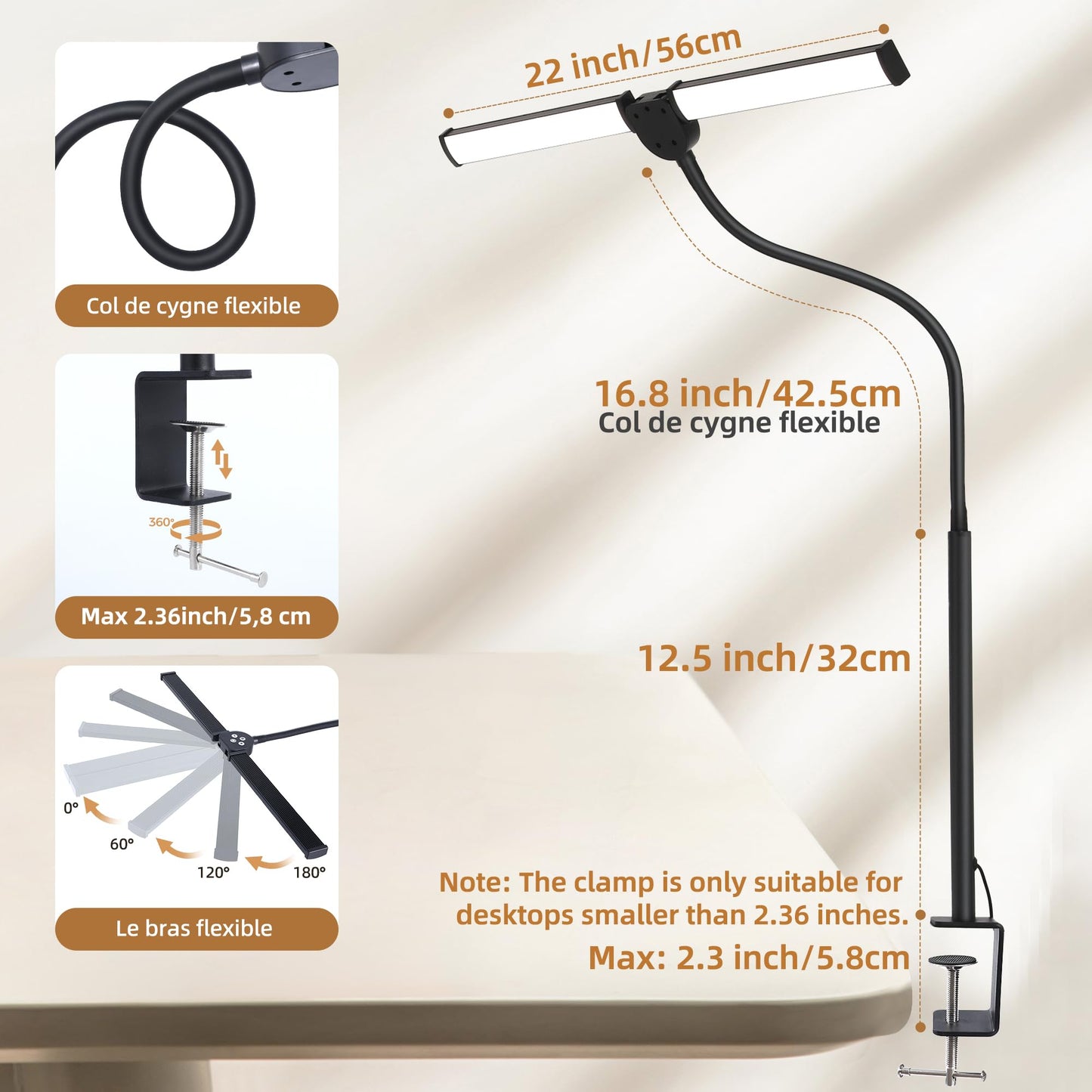 Led Desk Lamp for Home Office, Eye-Care Architect Light with Clamp, Smart Double Head Computer Monitor Table Clip Lamp, Adjustable Flexible Gooseneck, 25 Lighting Models, Task Lamp, Black