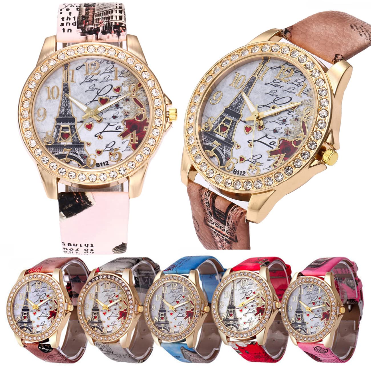 CdyBox Wholesale PU Leather Strap Watch 6 Pack Mother Day Gift Bling Rhinestone Accented Eiffel Tower Ladies Women Watches